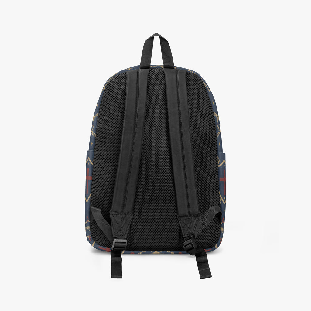 CARRY THE STANDARD full-print backpack in royal navy — SANCTUS NOVA house monogram, view 4