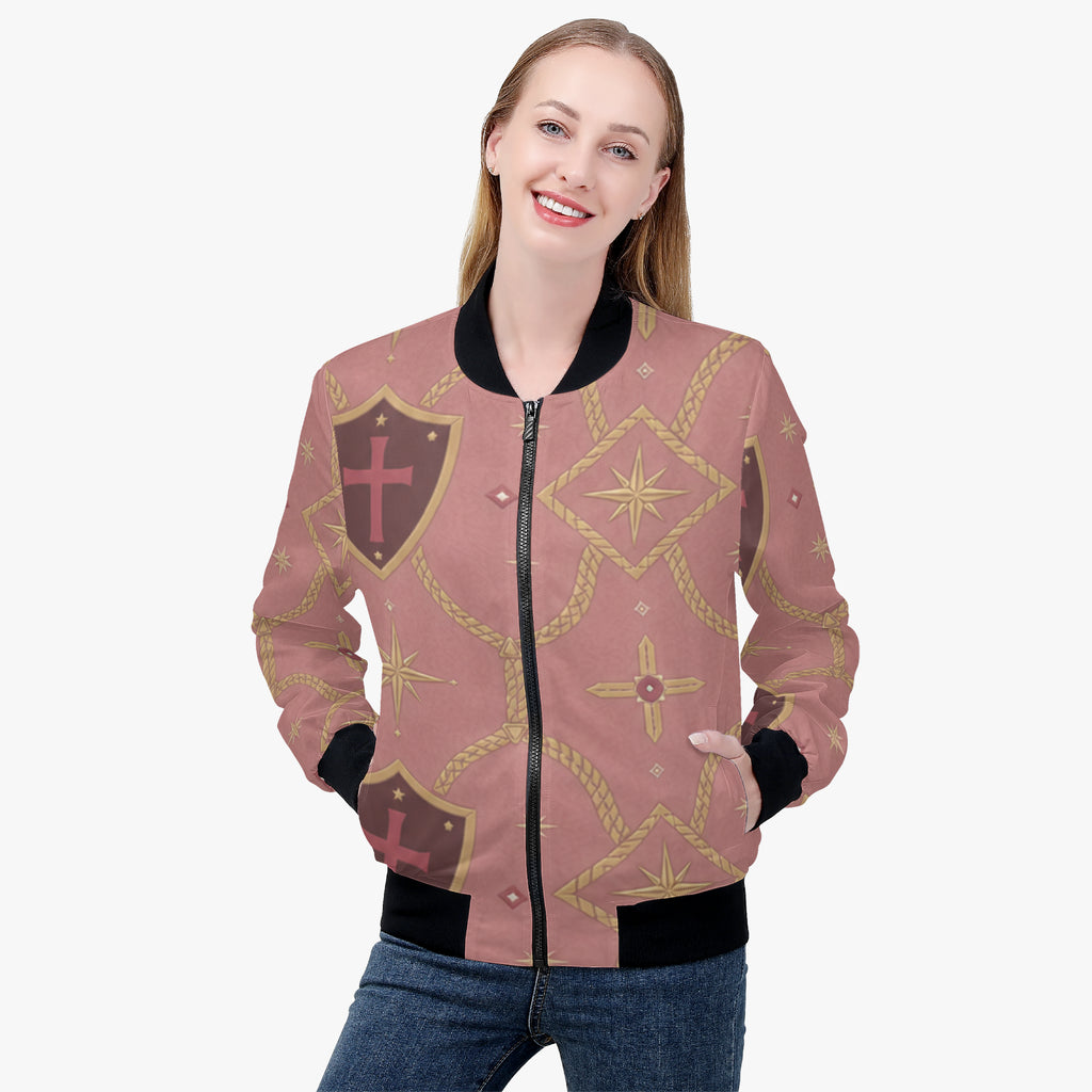 CARRY THE STANDARD women's bomber jacket in rose — SANCTUS NOVA house monogram, view 4