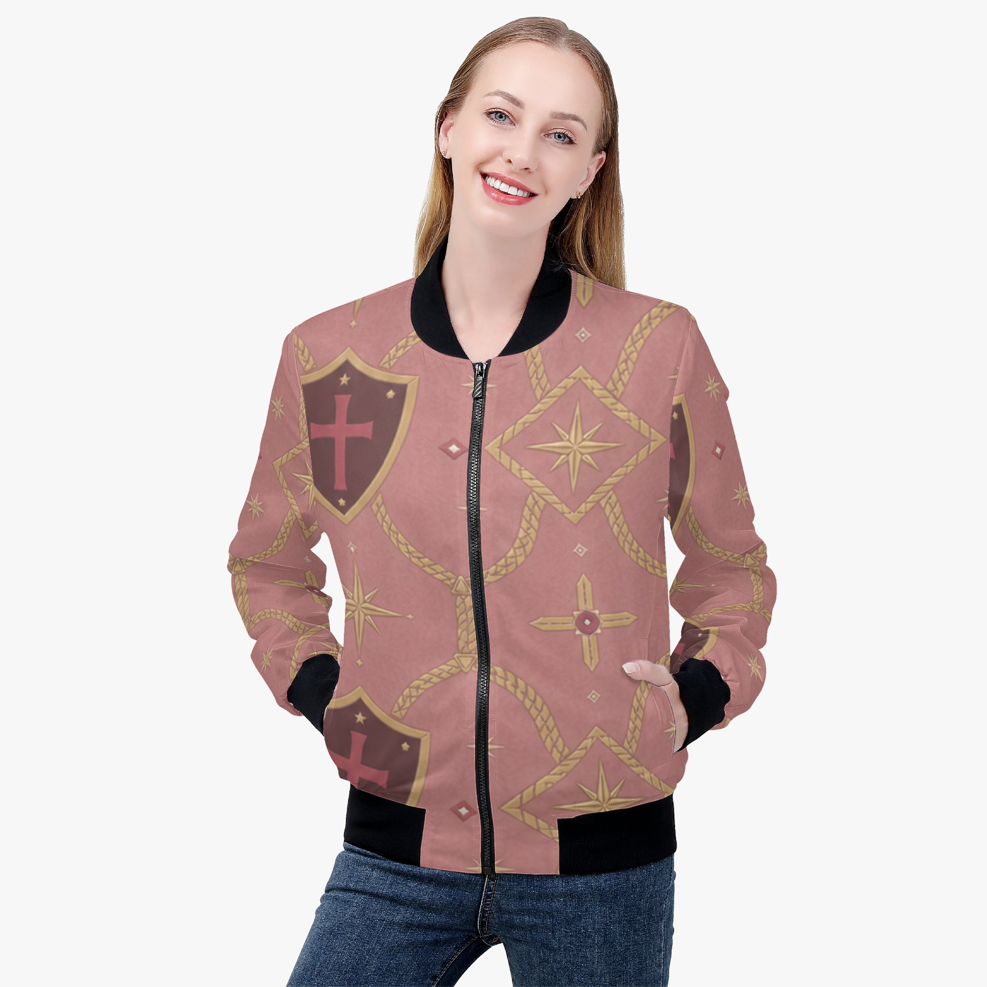 CARRY THE STANDARD women's bomber jacket in rose — SANCTUS NOVA house monogram, view 4