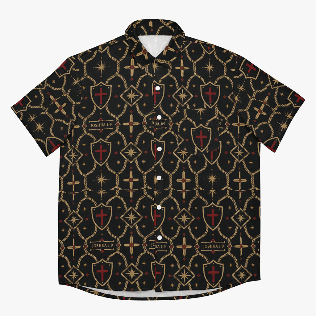 Christian monogram camp shirt — JOSHUA 1:9 set in gold small caps on the Standard pattern (view 4)