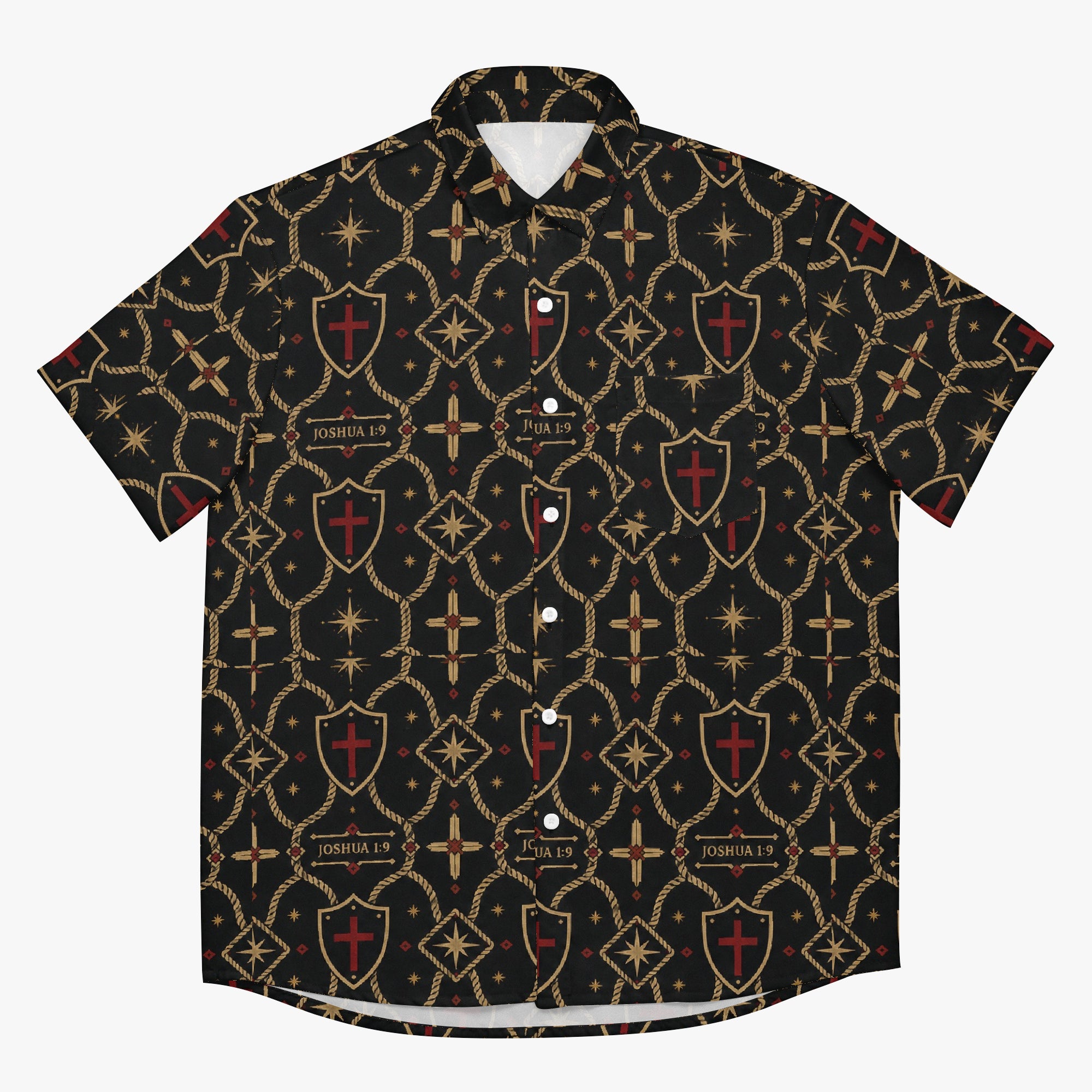 Christian monogram camp shirt — JOSHUA 1:9 set in gold small caps on the Standard pattern (view 4)