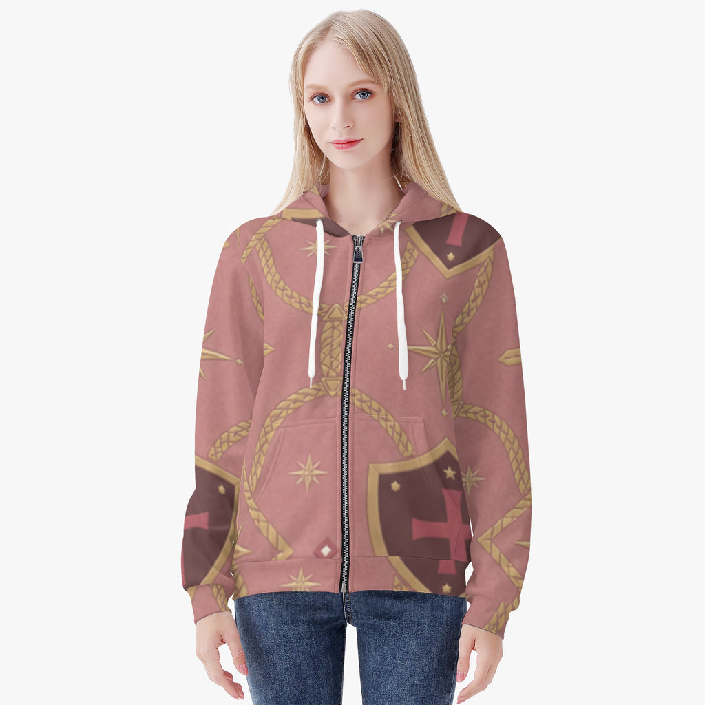 CARRY THE STANDARD women's full-zip hoodie in rose — SANCTUS NOVA house monogram, view 5