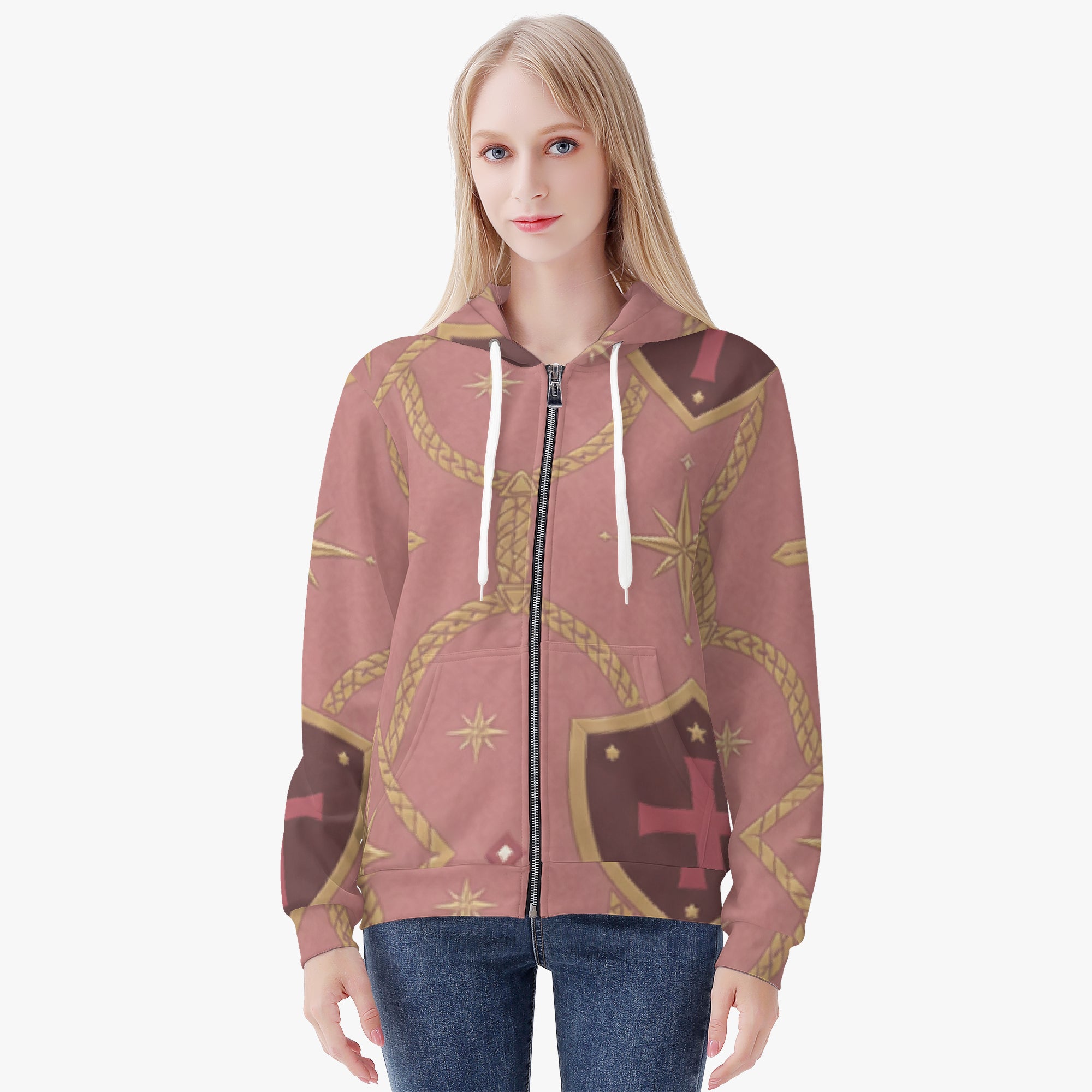 CARRY THE STANDARD women's full-zip hoodie in rose — SANCTUS NOVA house monogram, view 5