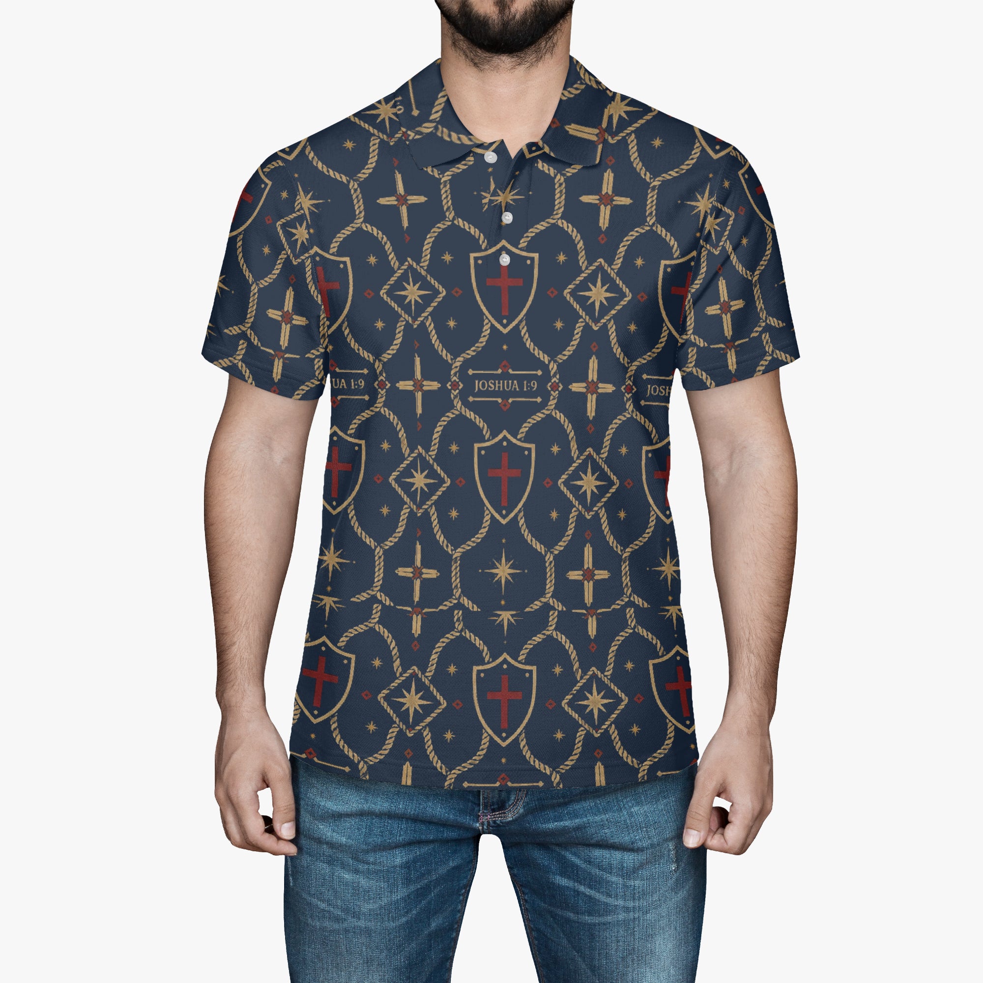 CARRY THE STANDARD polo in royal navy — SANCTUS NOVA house monogram, view 2