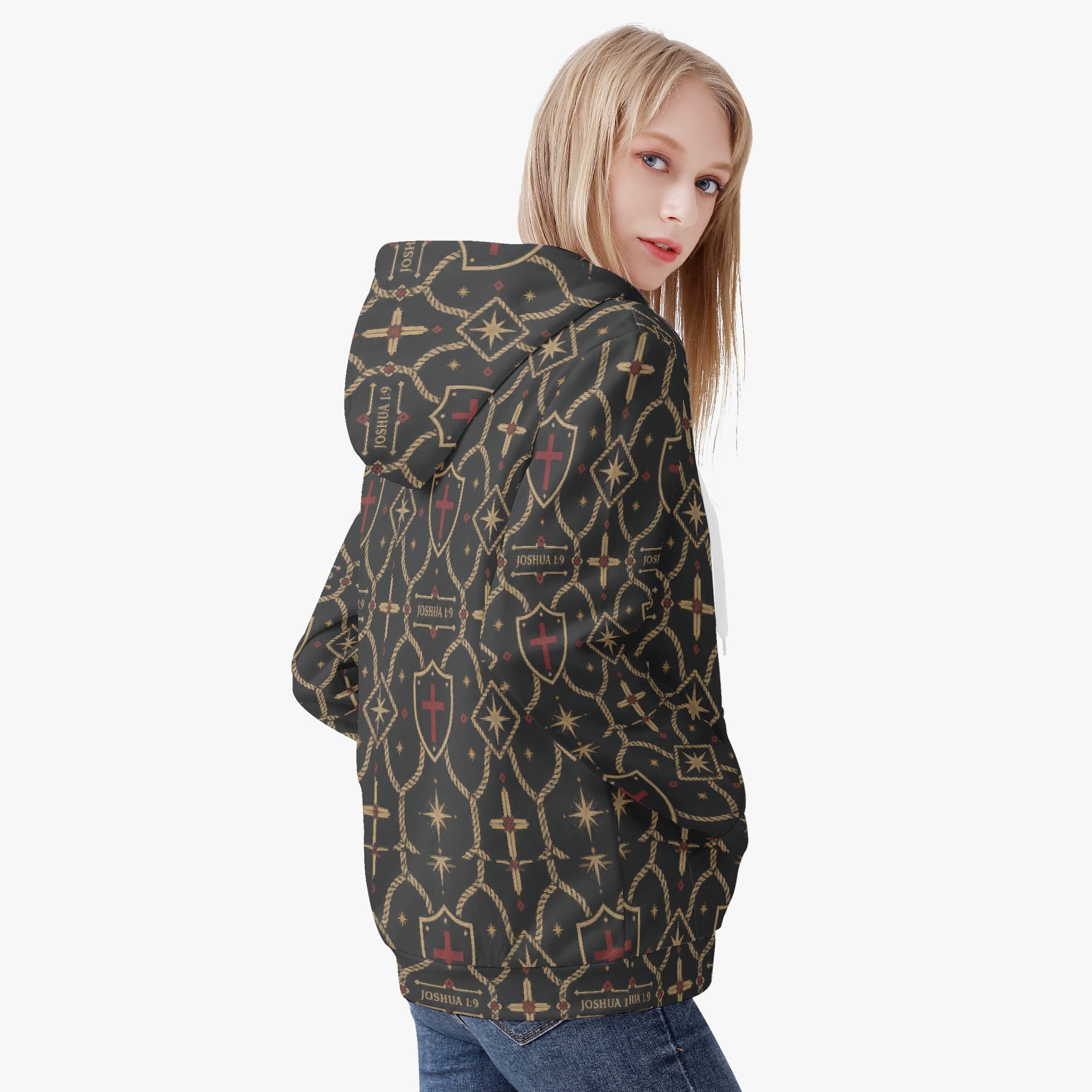 CARRY THE STANDARD women's full-zip hoodie — SANCTUS NOVA house monogram in gold on charcoal, marked JOSHUA 1:9