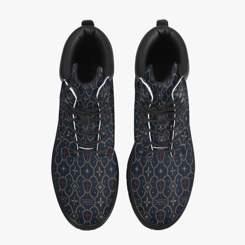 SANCTUS NOVA CARRY THE STANDARD leather boot in the royal navy monogram, side profile