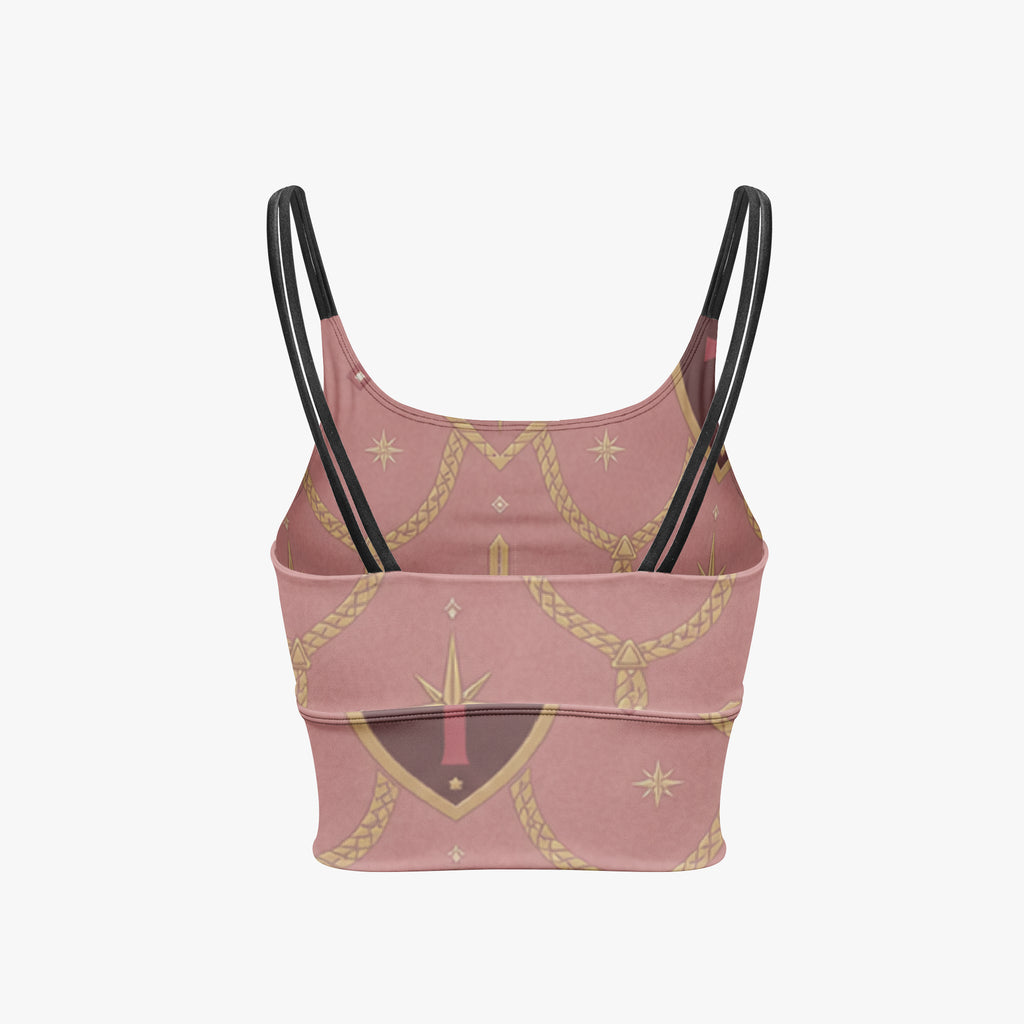 CARRY THE STANDARD women's short yoga top in rose — SANCTUS NOVA house monogram, view 4
