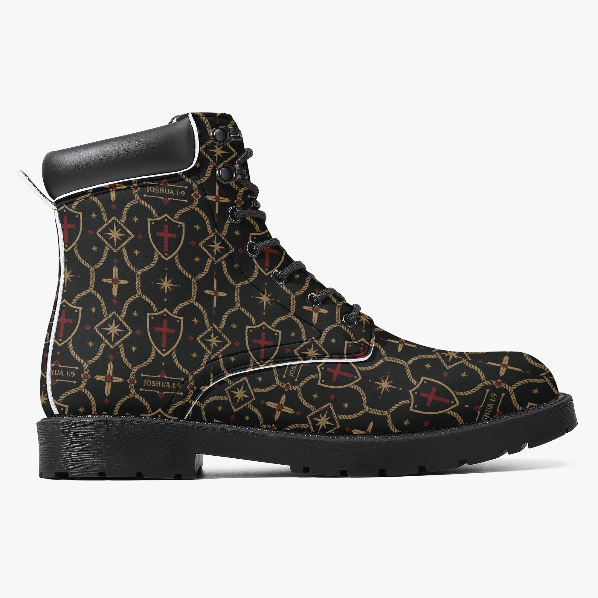 SANCTUS NOVA CARRY THE STANDARD leather boot in the signature monogram, angled view