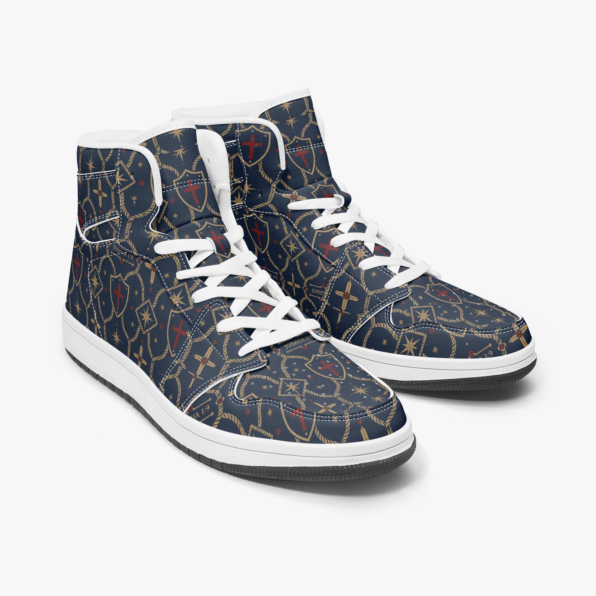 SANCTUS NOVA CARRY THE STANDARD high-top sneaker in the royal navy monogram, collar detail