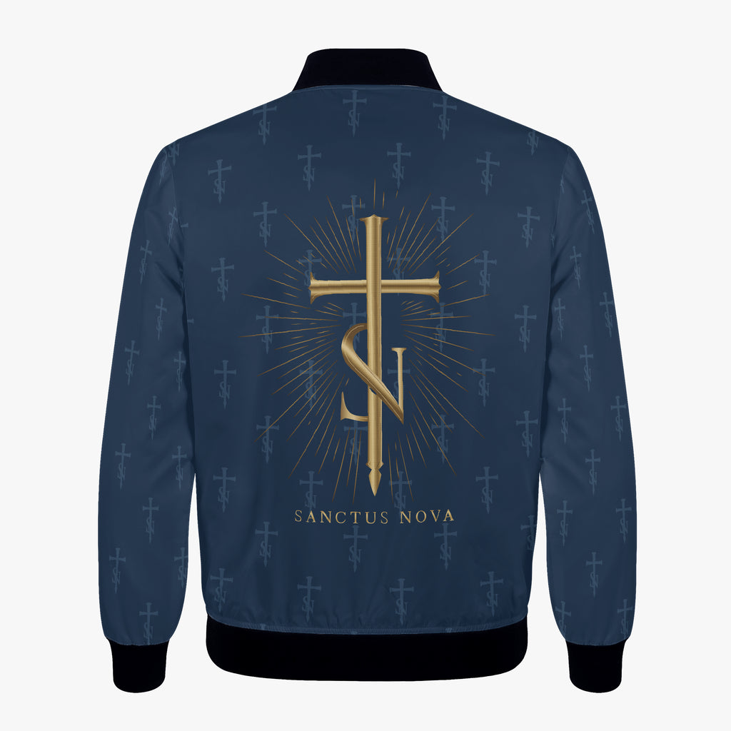 Flat back of the Royal Navy signature bomber, showing the full ray-backed gold cross-SN and tonal cross-SN repeat across body and sleeves.