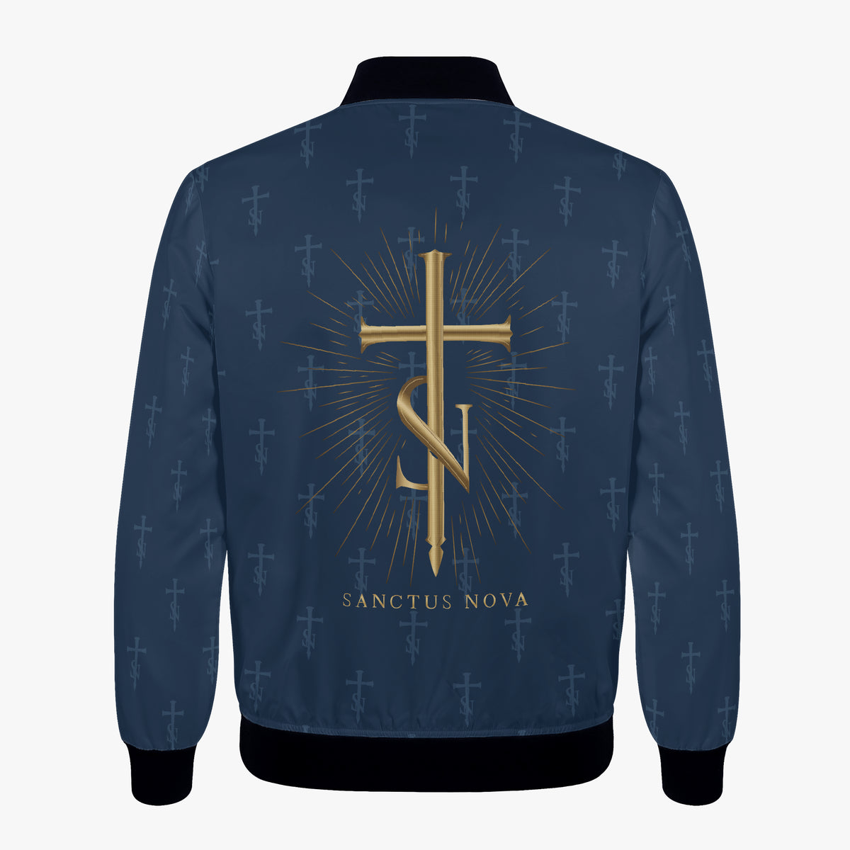 Flat back of the Royal Navy signature bomber, showing the full ray-backed gold cross-SN and tonal cross-SN repeat across body and sleeves.