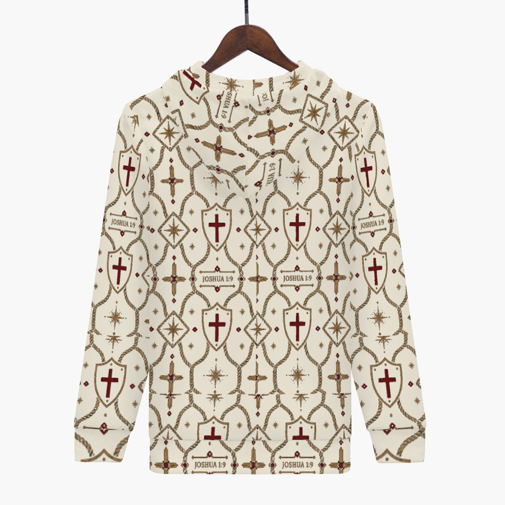 CARRY THE STANDARD full-zip hoodie in ivory — SANCTUS NOVA house monogram, marked JOSHUA 1:9