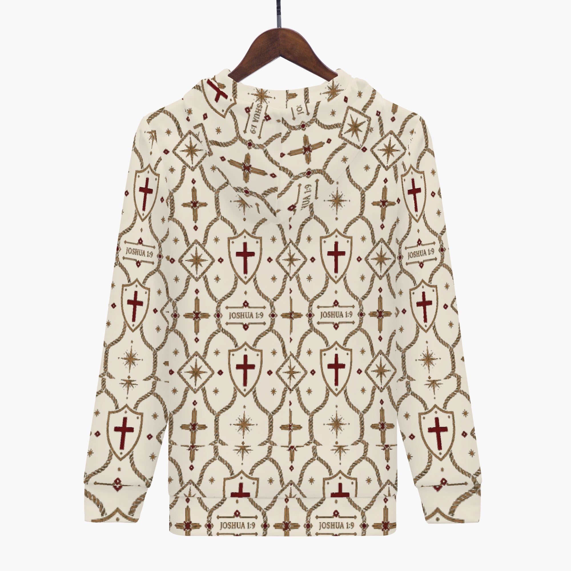 CARRY THE STANDARD full-zip hoodie in ivory — SANCTUS NOVA house monogram, marked JOSHUA 1:9