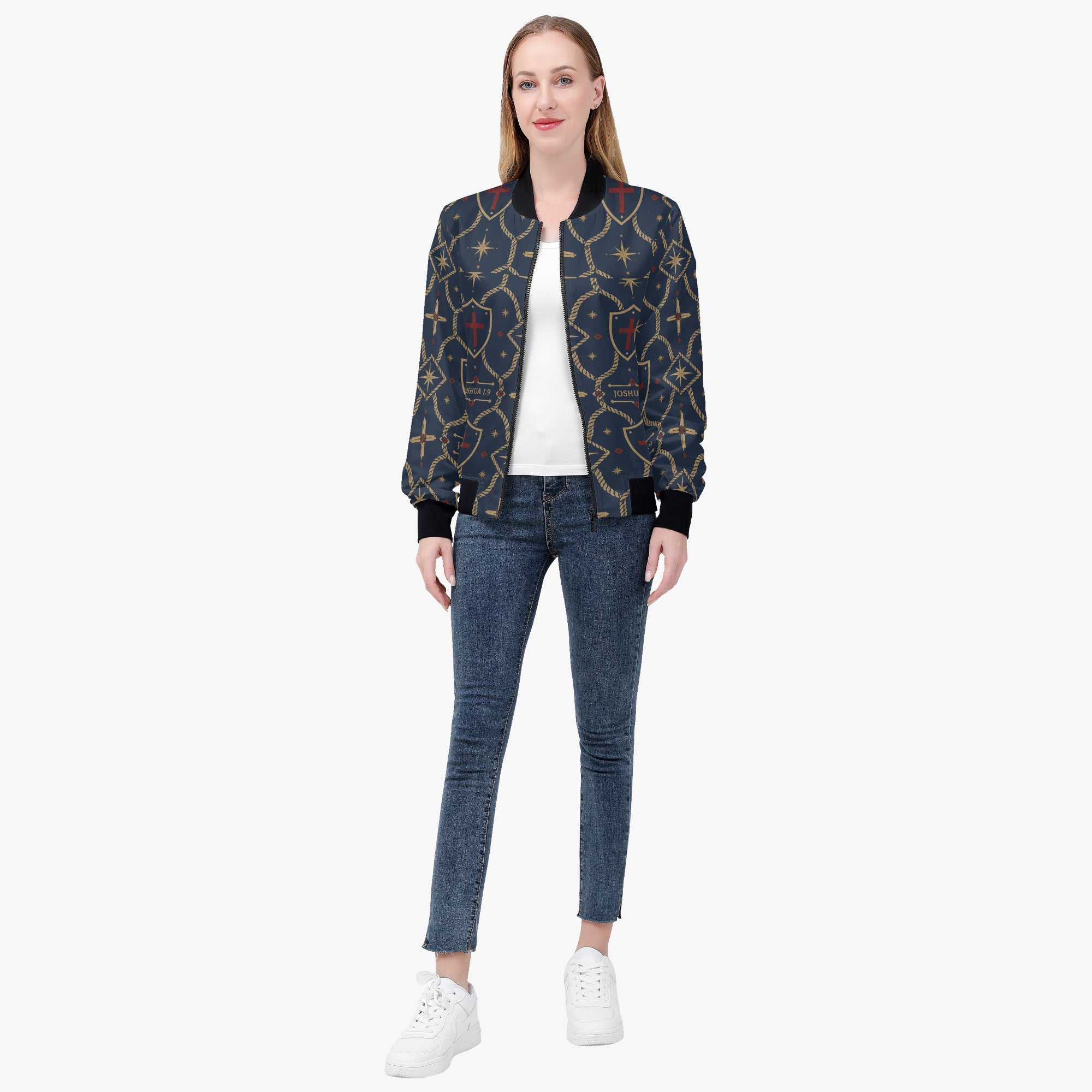 CARRY THE STANDARD women's bomber jacket in royal navy — SANCTUS NOVA house monogram, view 2