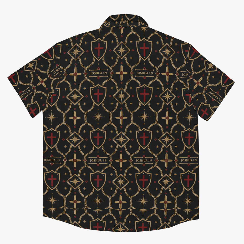 Monogram camp shirt — gold shields, crosses and four-point stars on charcoal, all-over print (view 2)
