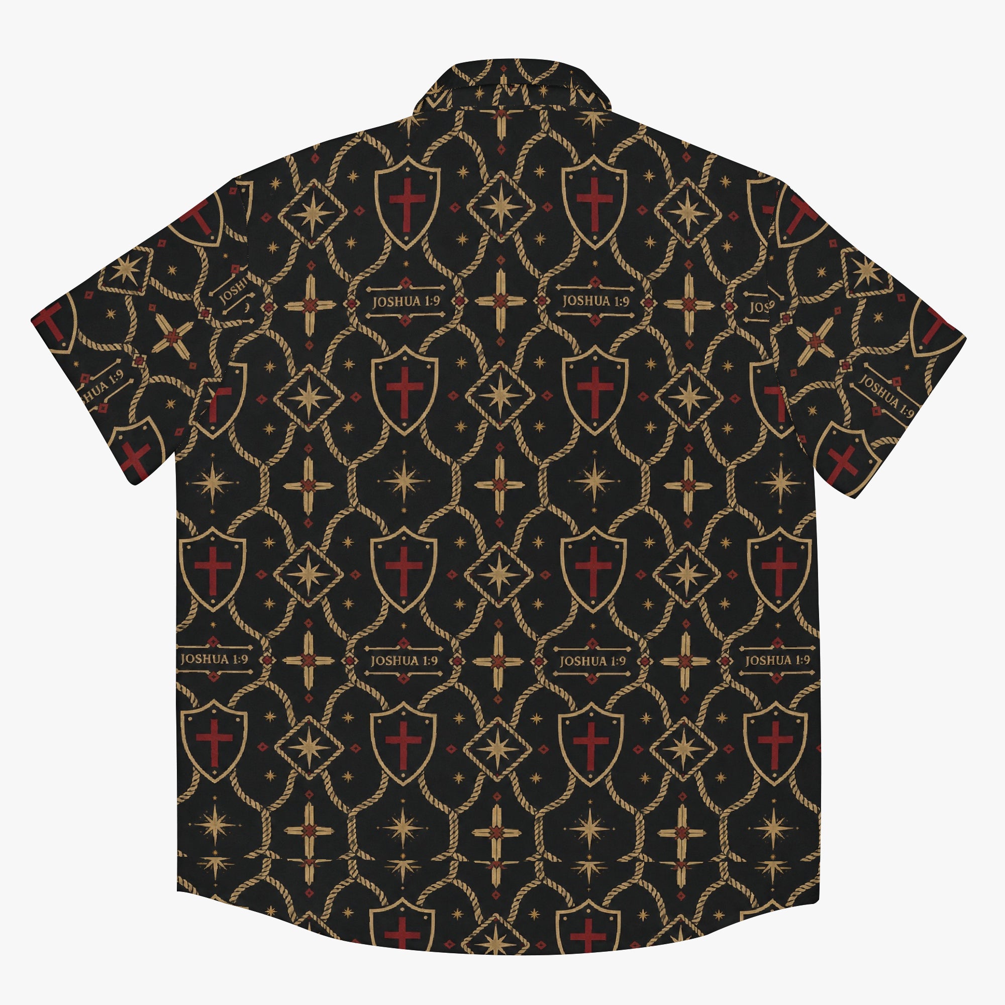 Monogram camp shirt — gold shields, crosses and four-point stars on charcoal, all-over print (view 2)