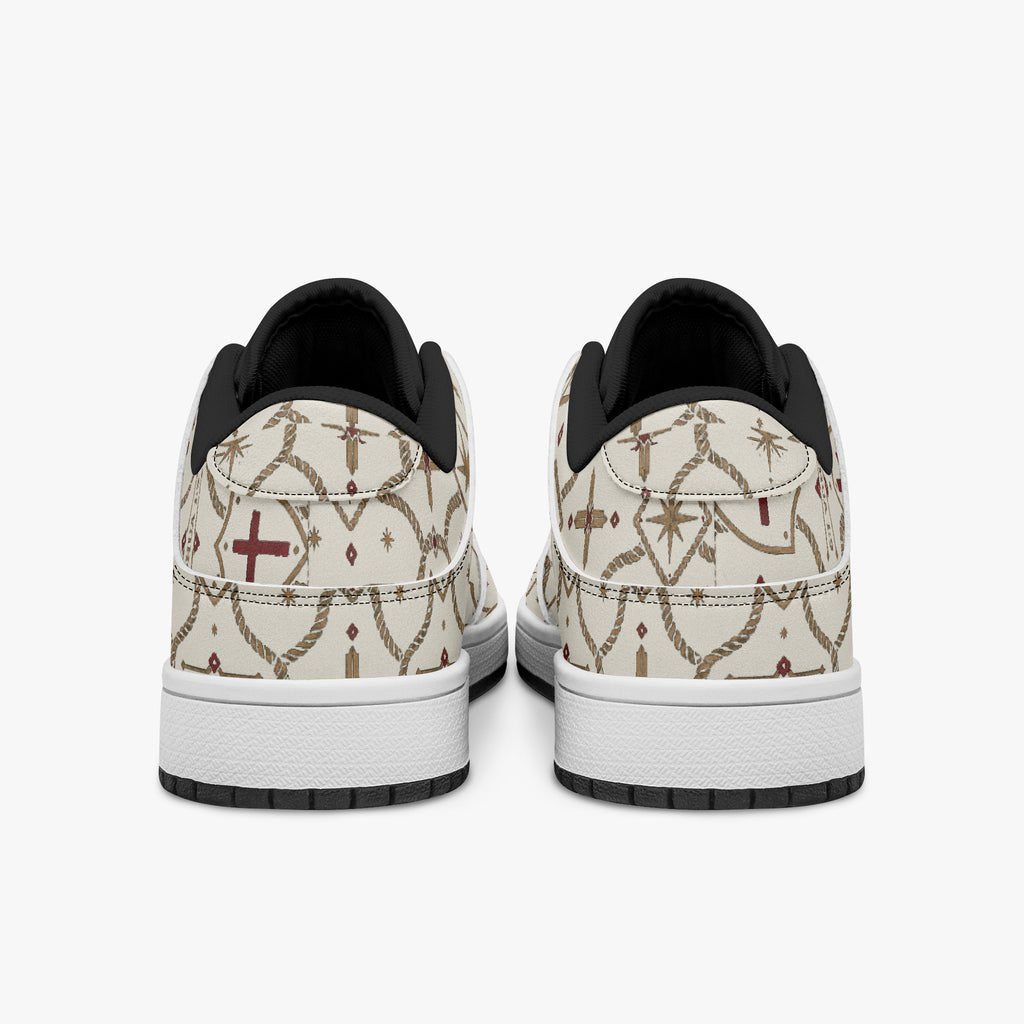 SANCTUS NOVA CARRY THE STANDARD court sneaker in the ivory monogram, angled view
