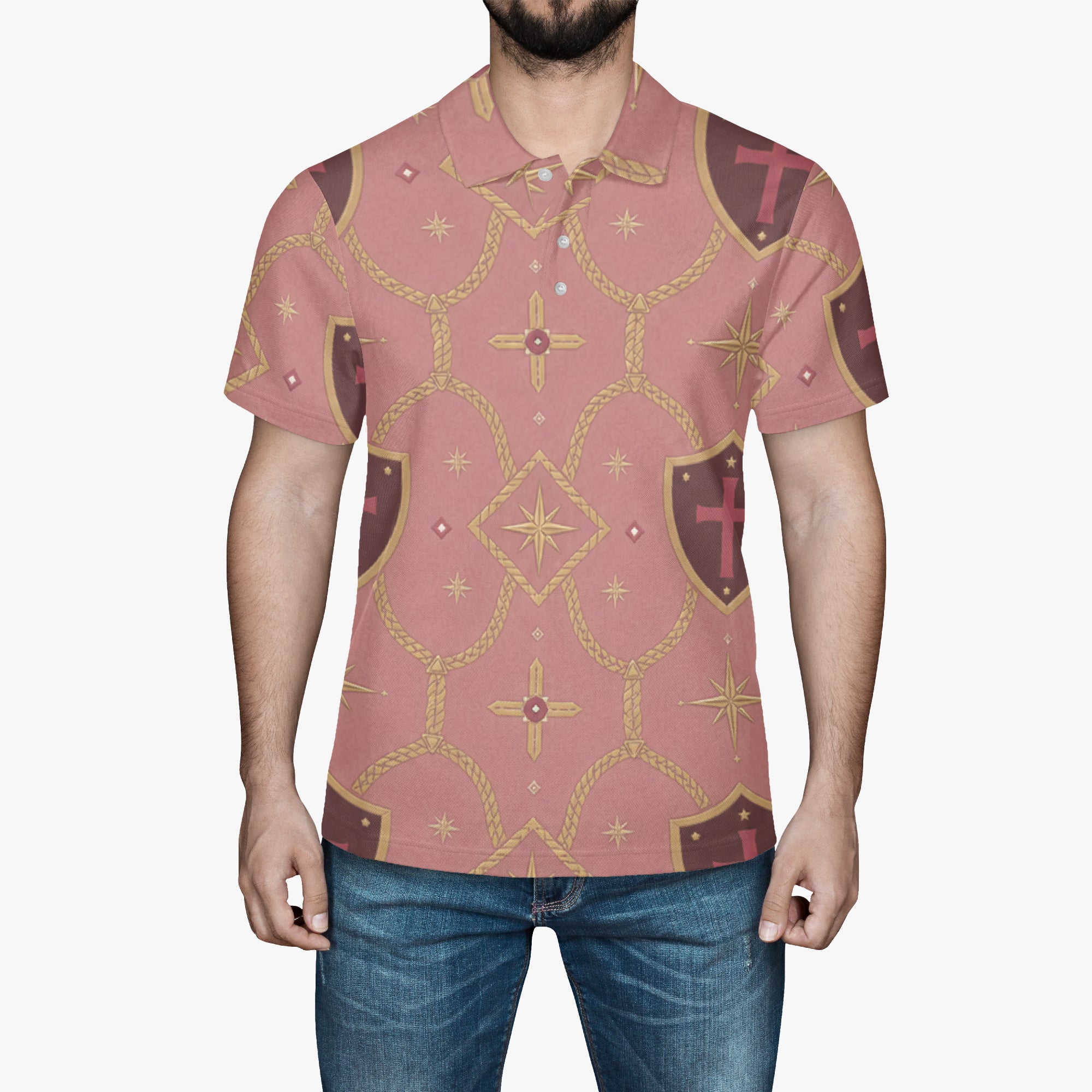 CARRY THE STANDARD polo in rose — SANCTUS NOVA house monogram, view 2