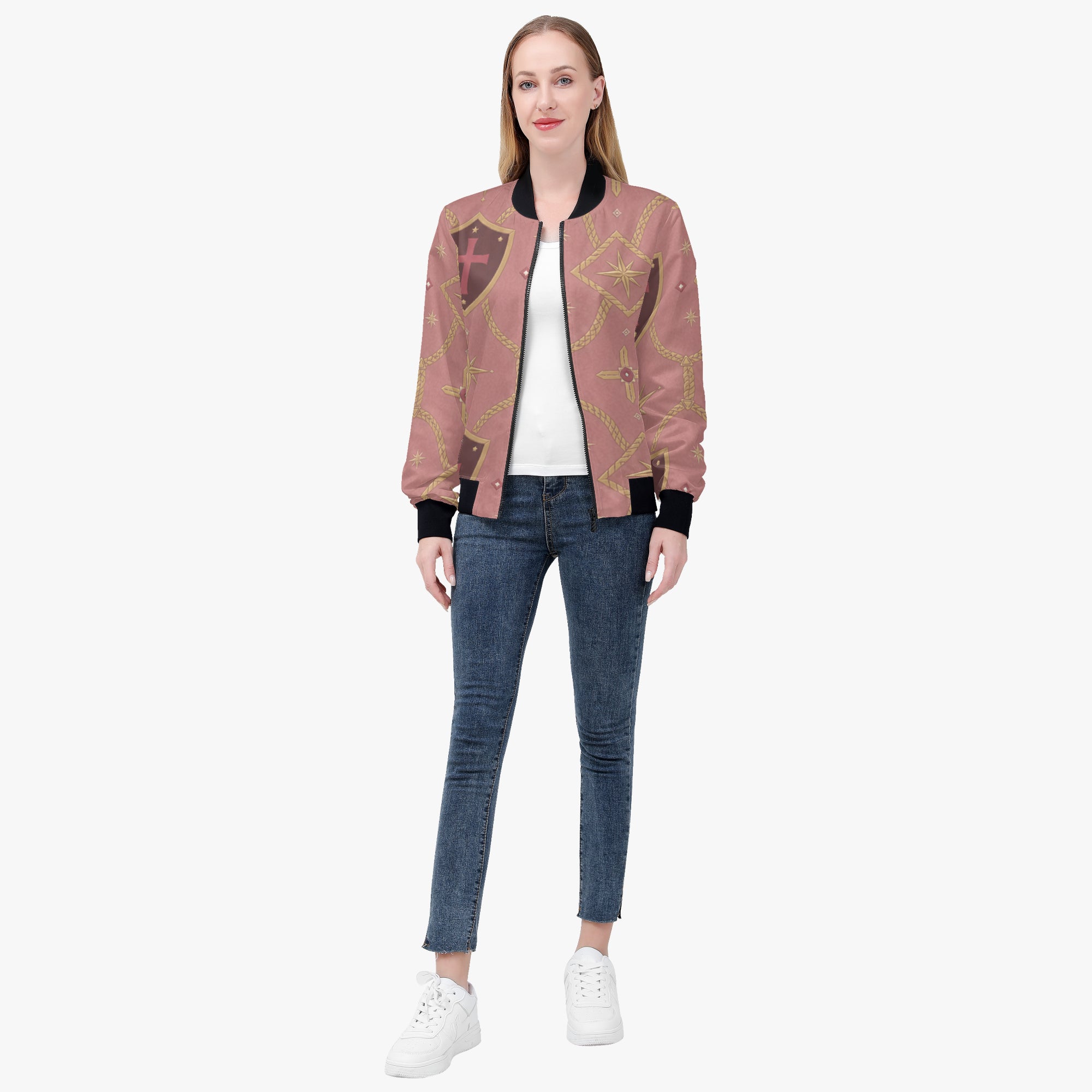 CARRY THE STANDARD women's bomber jacket in rose — SANCTUS NOVA house monogram, view 2