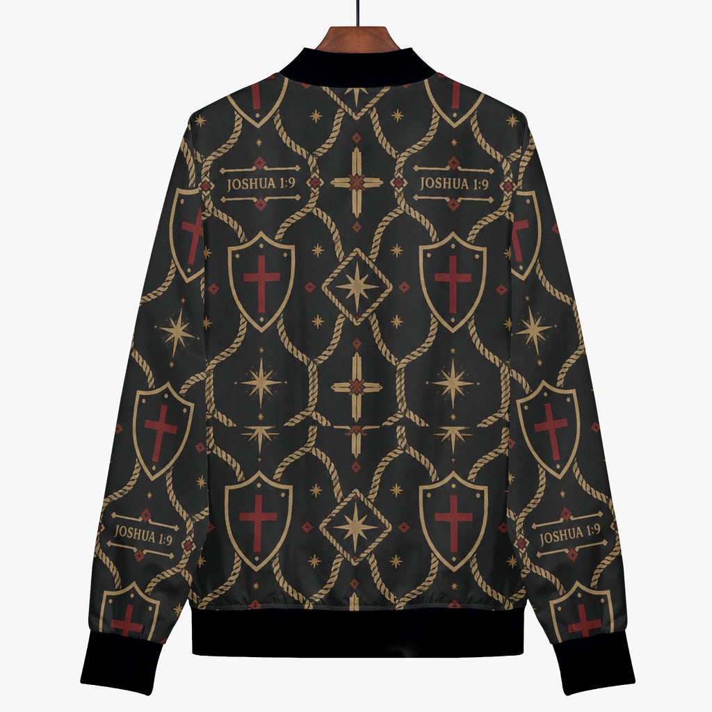 CARRY THE STANDARD women's bomber — gold rope-lattice trellis on charcoal (view 5)