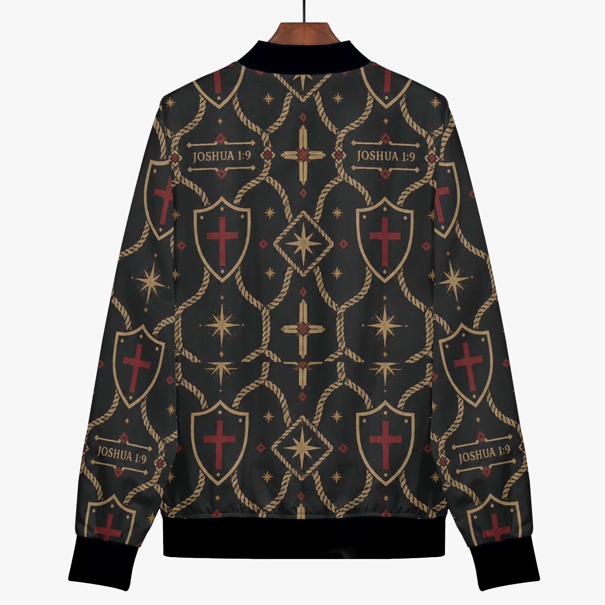 CARRY THE STANDARD women's bomber — gold rope-lattice trellis on charcoal (view 5)