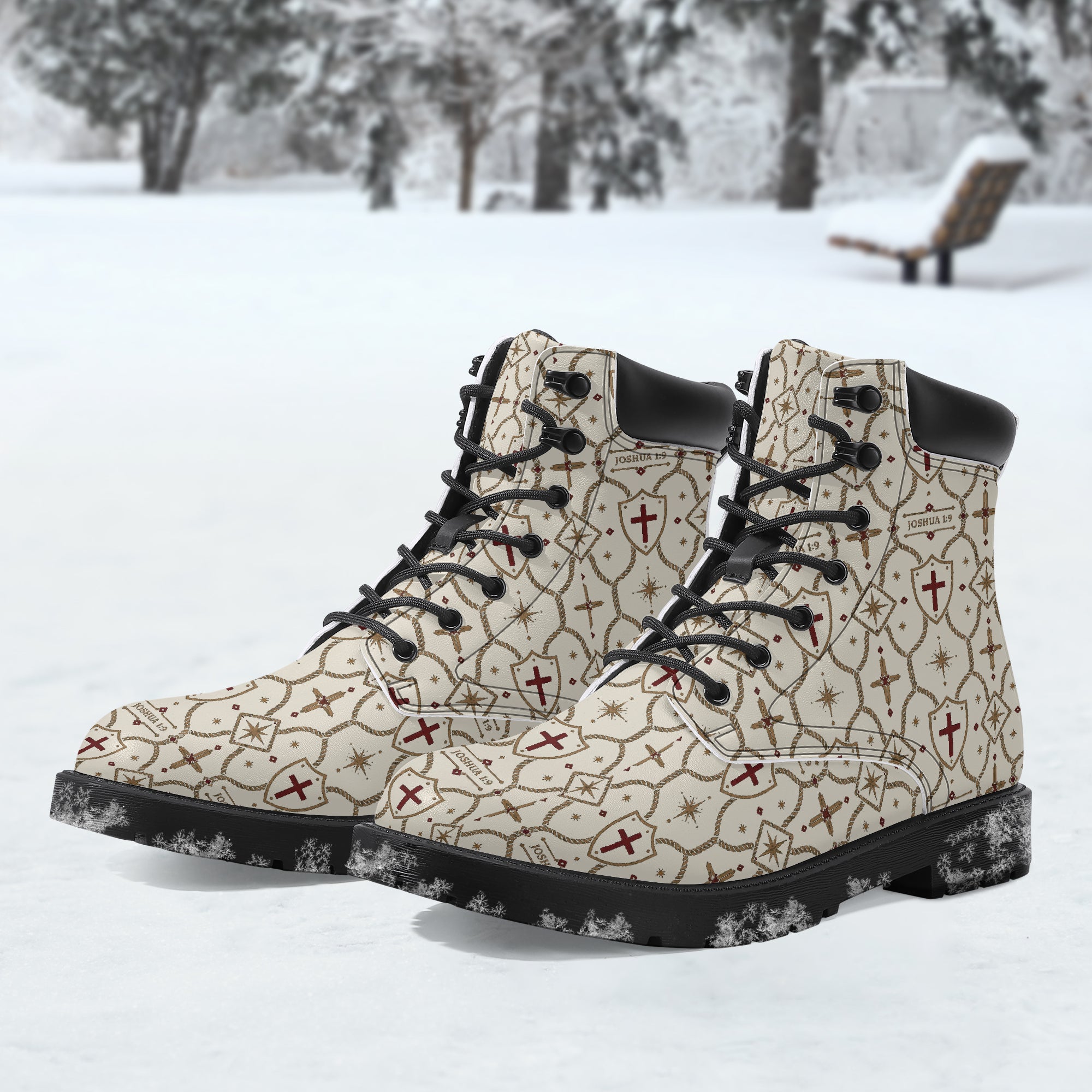 SANCTUS NOVA CARRY THE STANDARD leather boot in the ivory monogram, pair view