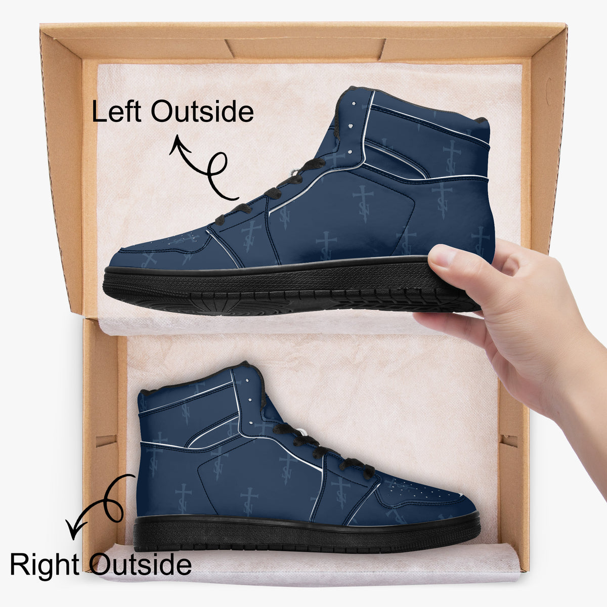 SANCTUS NOVA Royal Navy signature high-top sneakers. Black trim, side views of the pair on a shoe box.