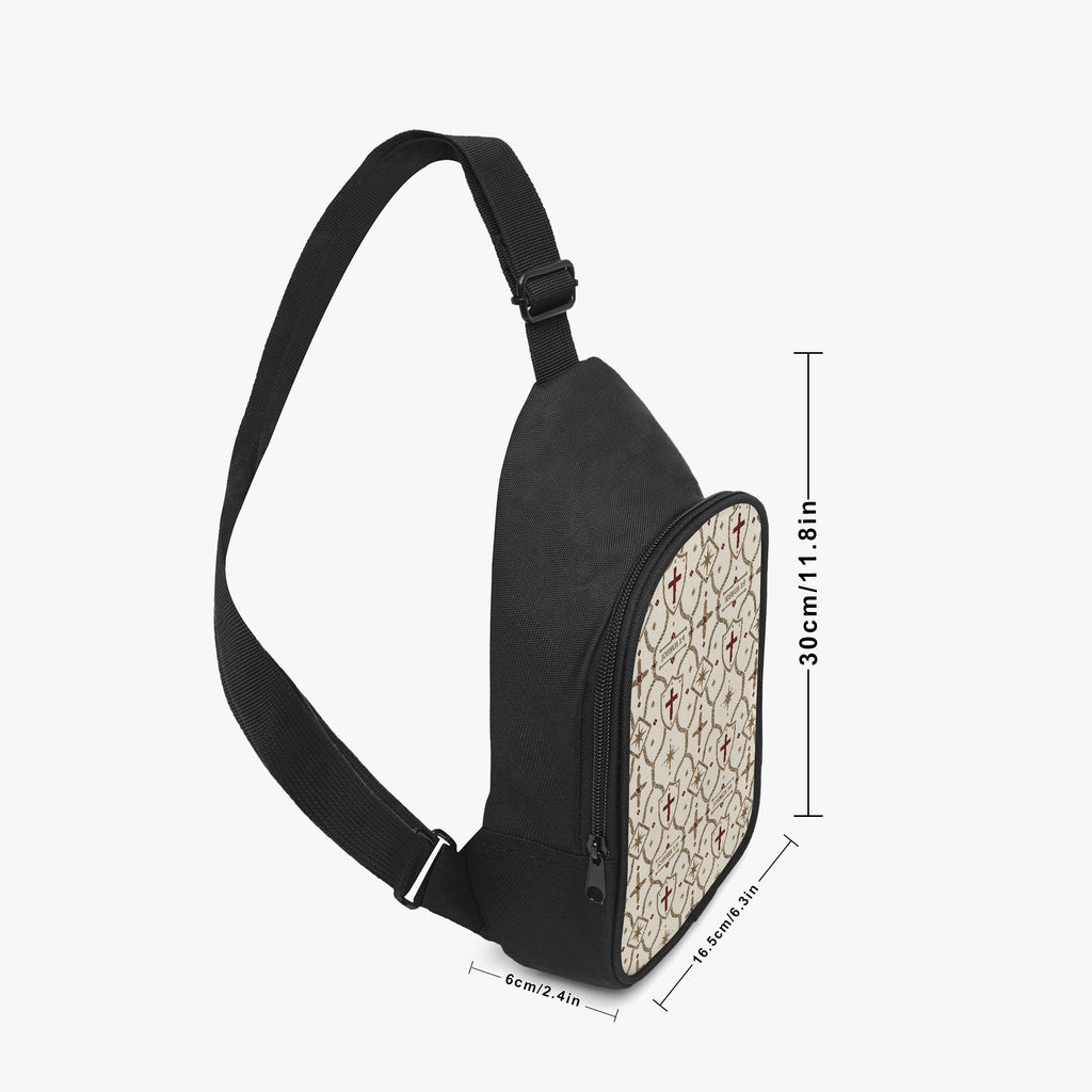 Ivory monogram chest bag — side profile with dimensions