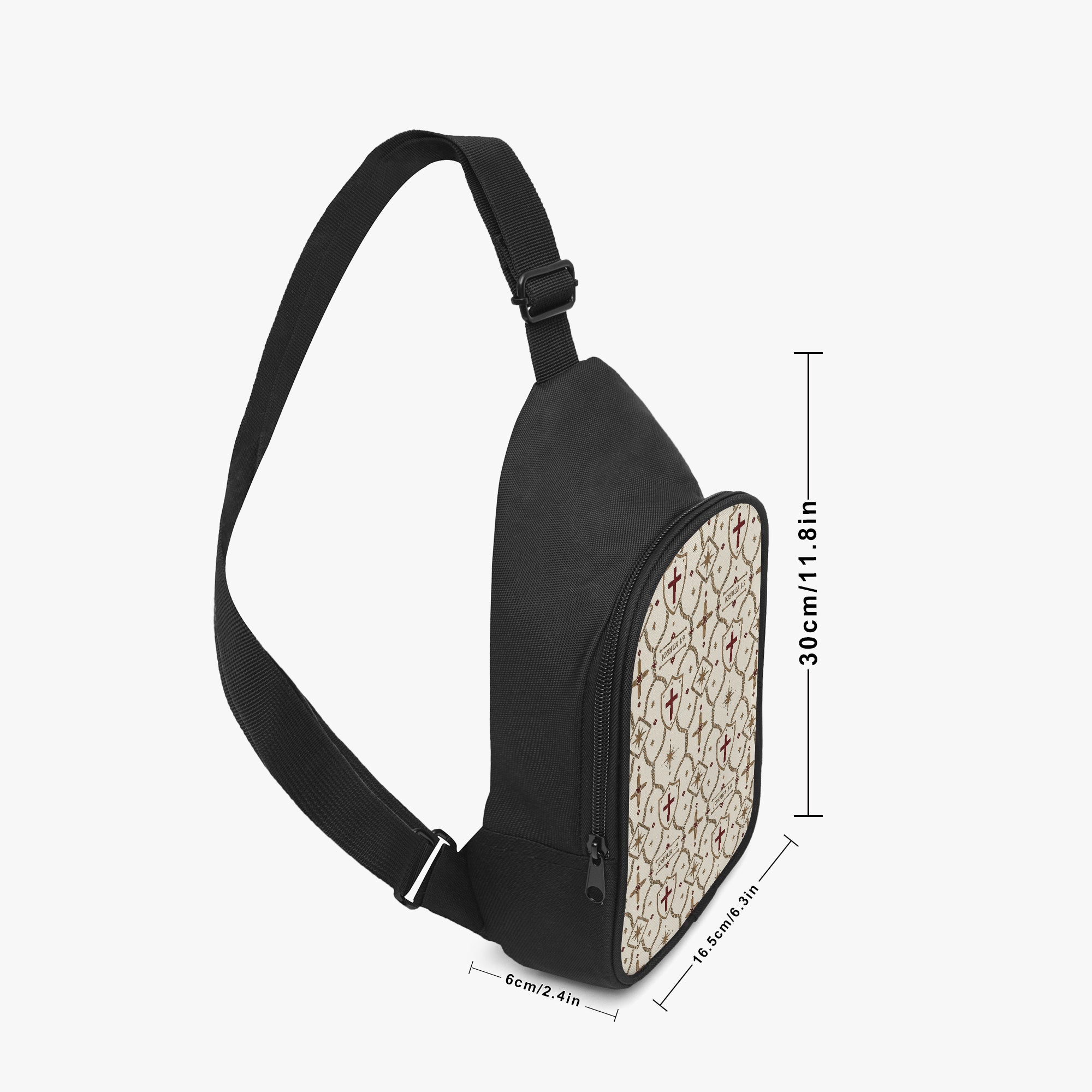 Ivory monogram chest bag — side profile with dimensions