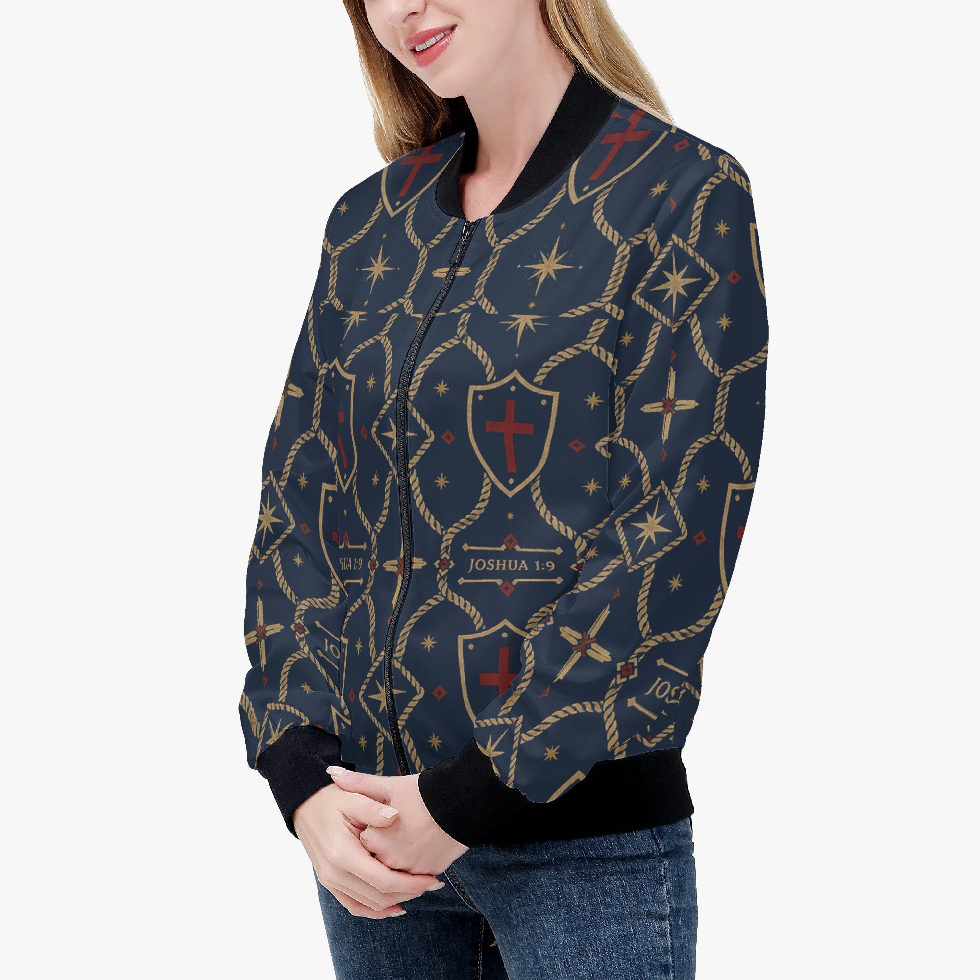 CARRY THE STANDARD women's bomber jacket in royal navy — SANCTUS NOVA house monogram, view 3
