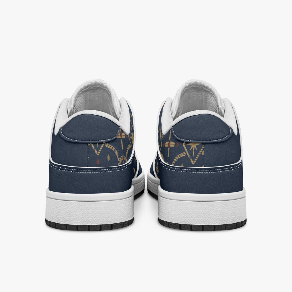 SANCTUS NOVA CARRY THE STANDARD court sneaker in the royal navy monogram, rear view