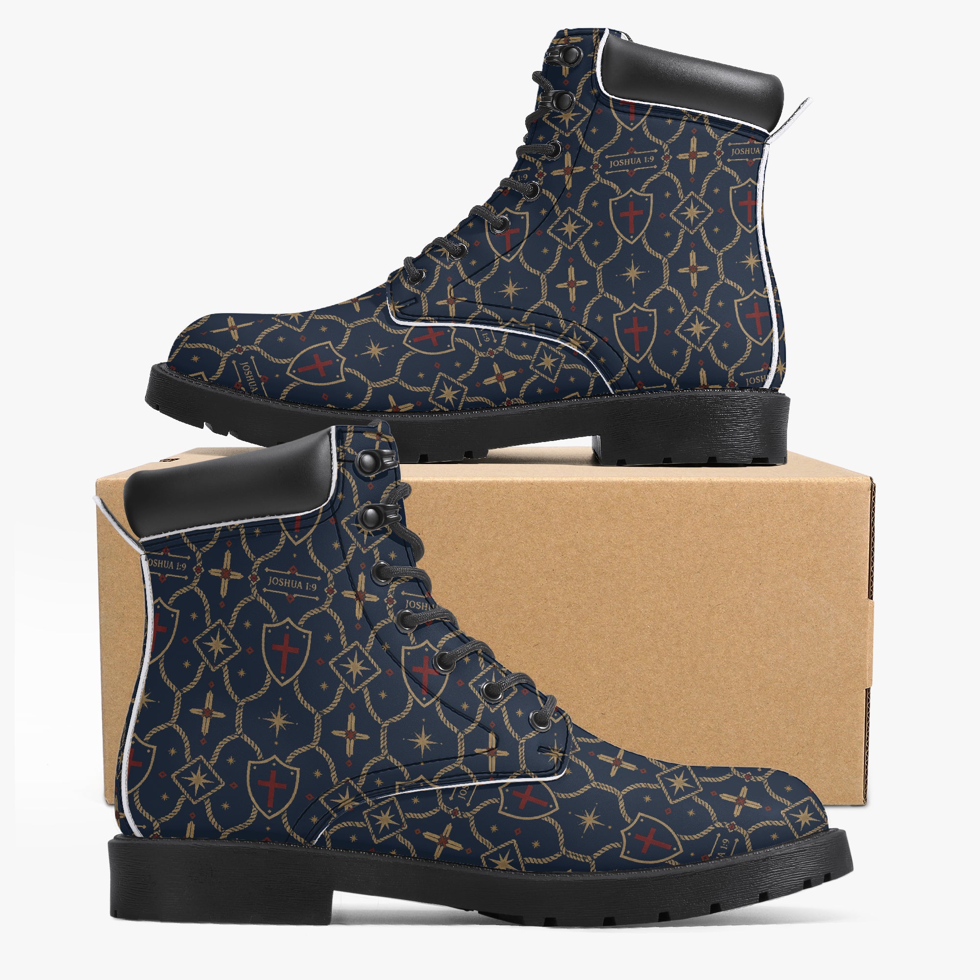 SANCTUS NOVA CARRY THE STANDARD leather boot in the royal navy monogram, worn view