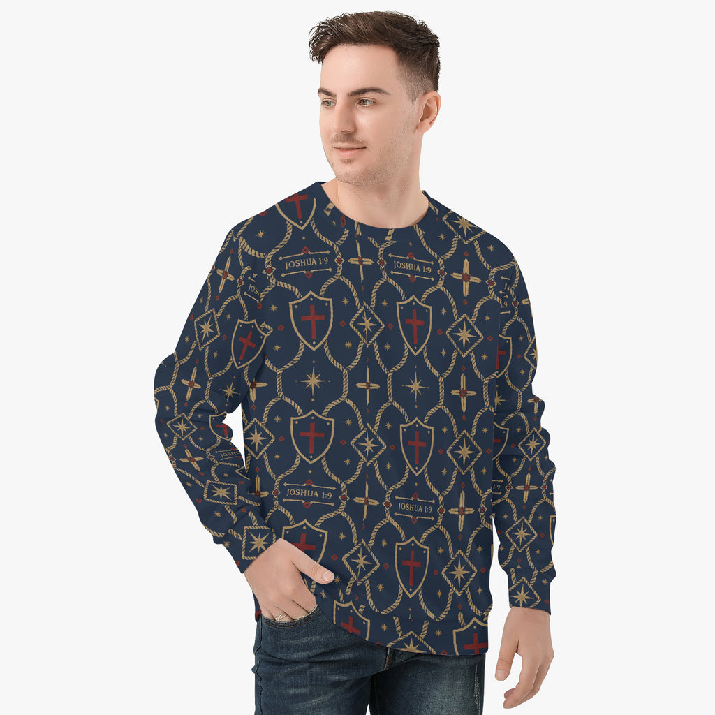 CARRY THE STANDARD crewneck sweatshirt in royal navy, SANCTUS NOVA house monogram, front view