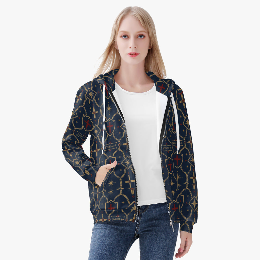 CARRY THE STANDARD women's full-zip hoodie in royal navy — SANCTUS NOVA house monogram, view 2