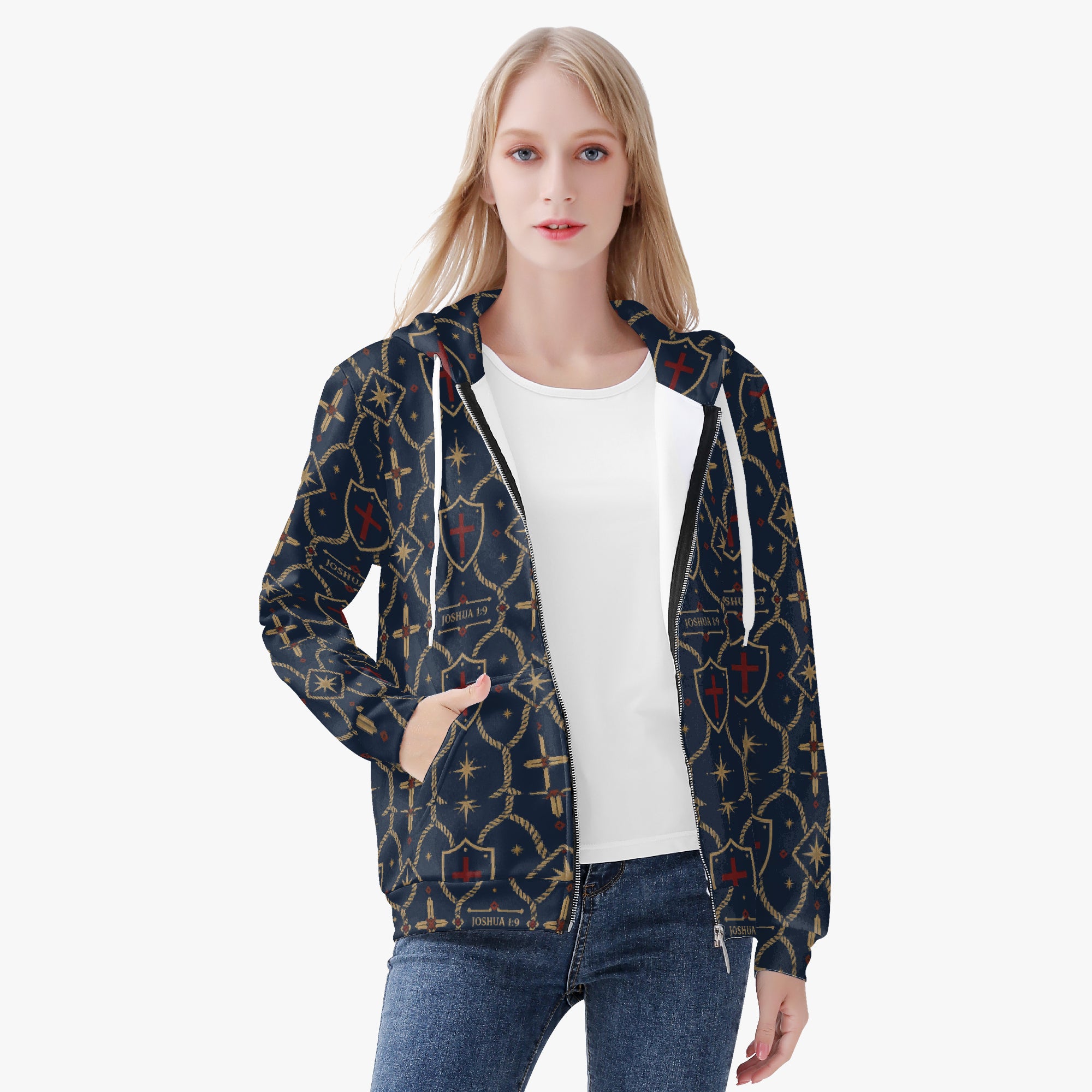 CARRY THE STANDARD women's full-zip hoodie in royal navy — SANCTUS NOVA house monogram, view 2