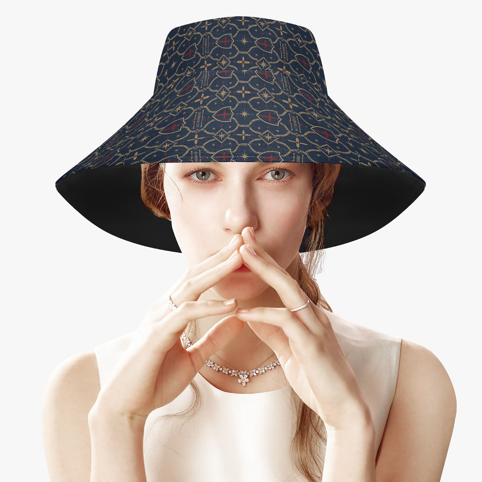 CARRY THE STANDARD bucket hat in signature black, SANCTUS NOVA house monogram across crown and brim