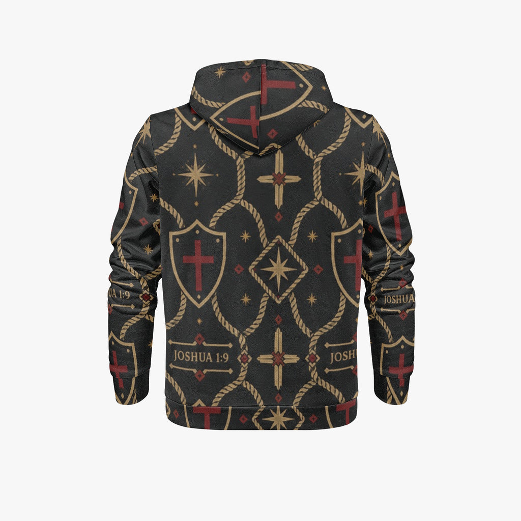 Signature monogram pullover hoodie on a hanger, back view — the repeat runs unbroken across the back