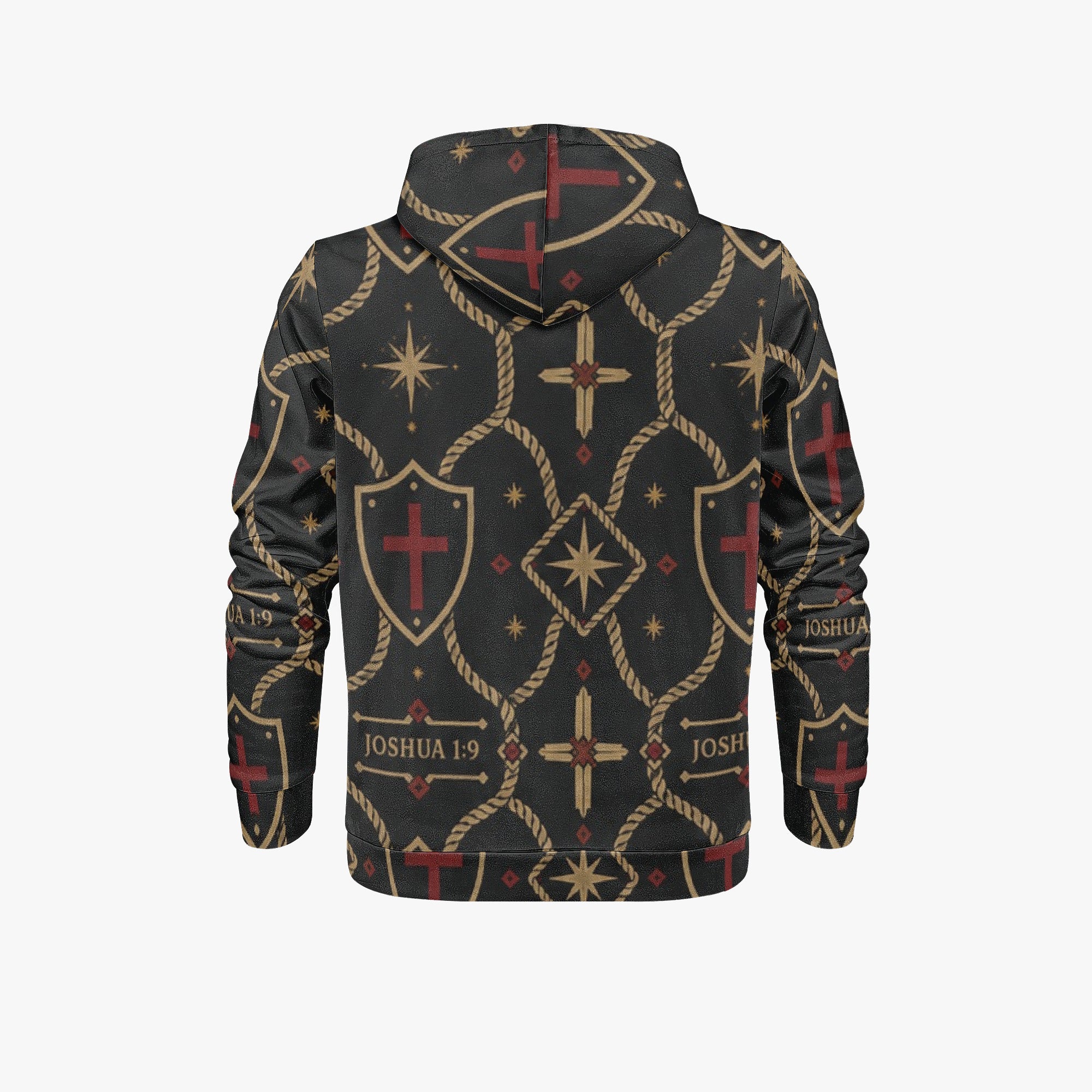 Signature monogram pullover hoodie on a hanger, back view — the repeat runs unbroken across the back