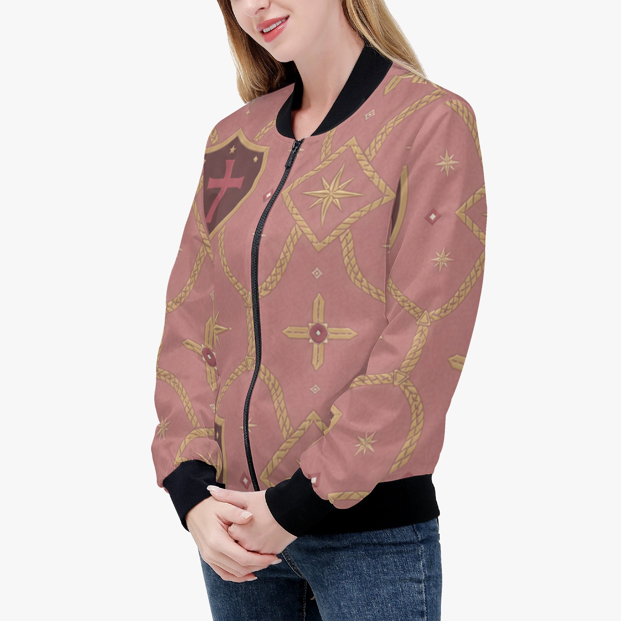 CARRY THE STANDARD women's bomber jacket in rose — SANCTUS NOVA house monogram, view 3