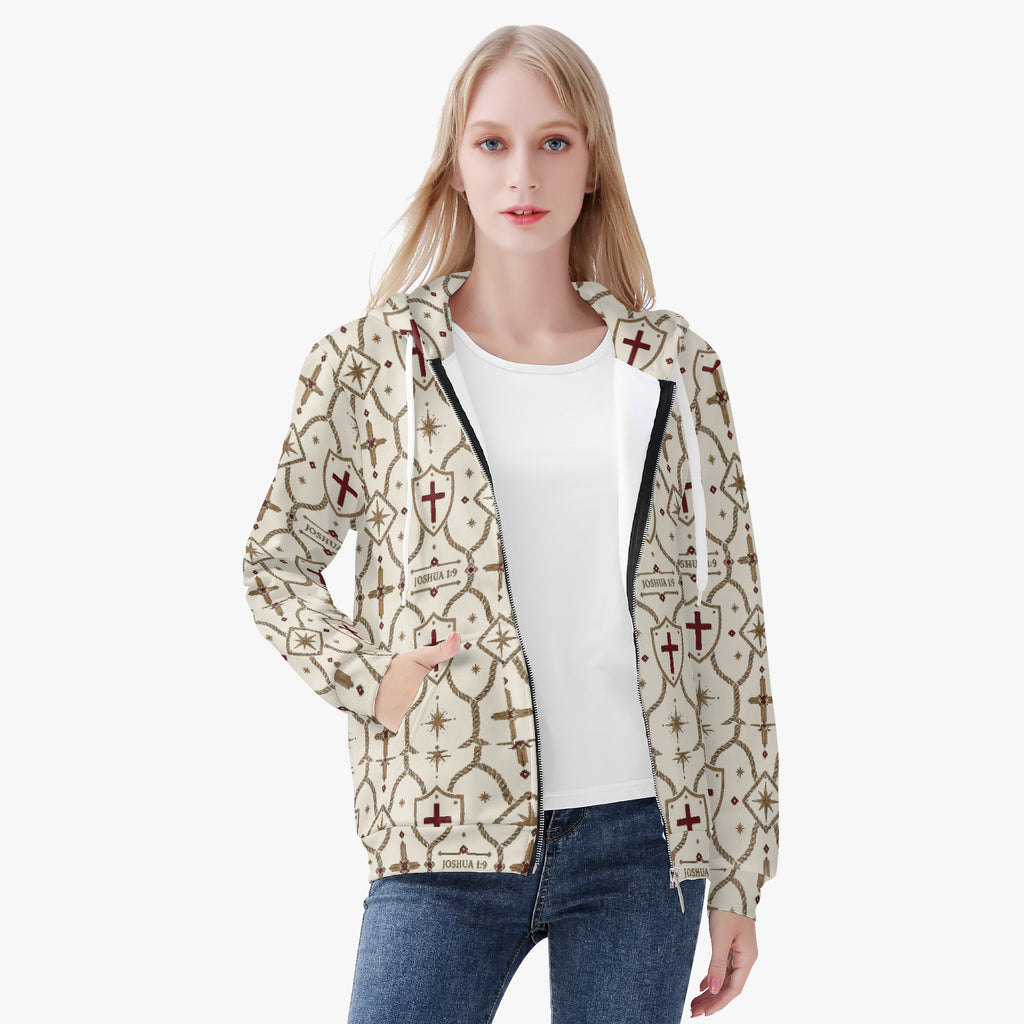 CARRY THE STANDARD women's full-zip hoodie in ivory — SANCTUS NOVA house monogram, view 2