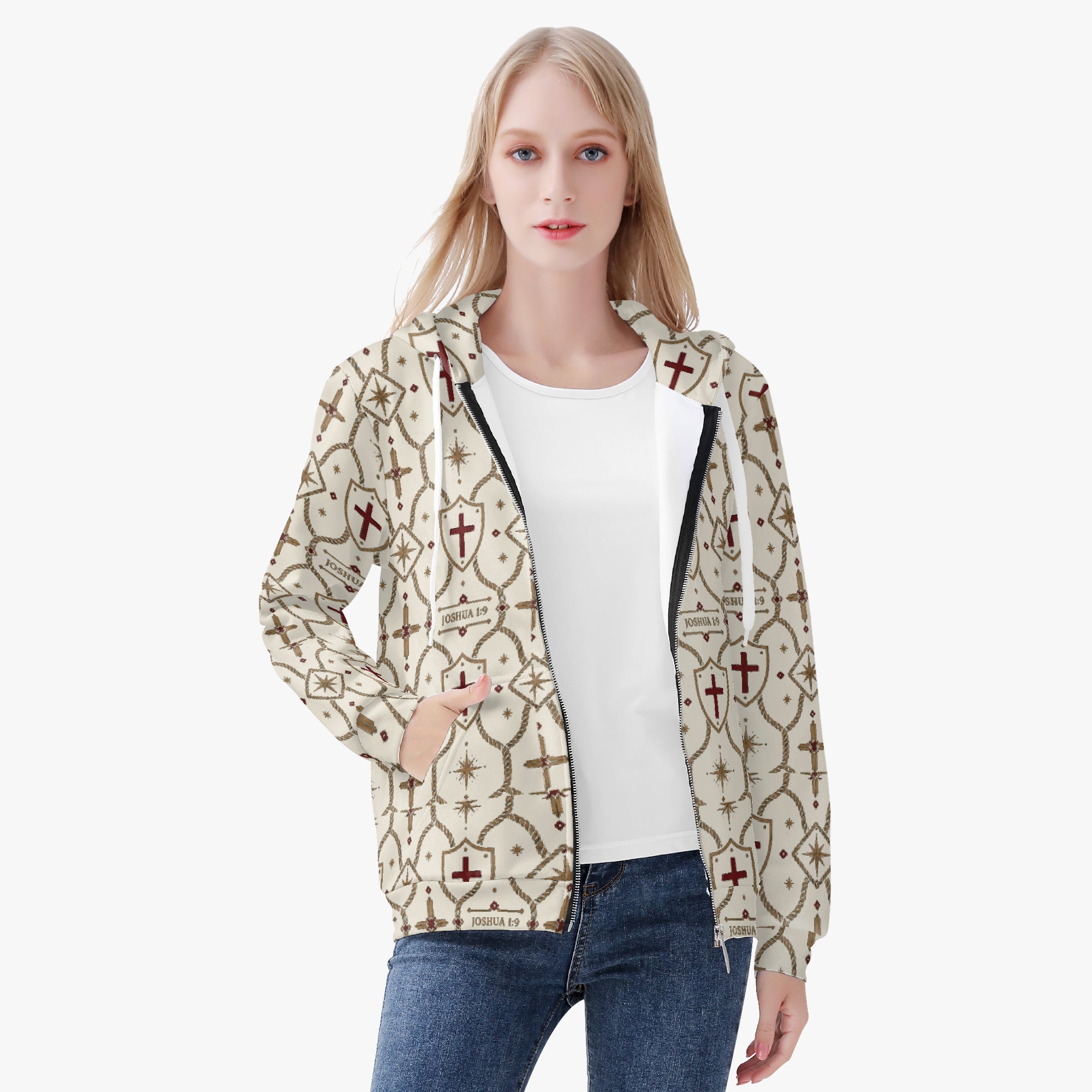 CARRY THE STANDARD women's full-zip hoodie in ivory — SANCTUS NOVA house monogram, view 2