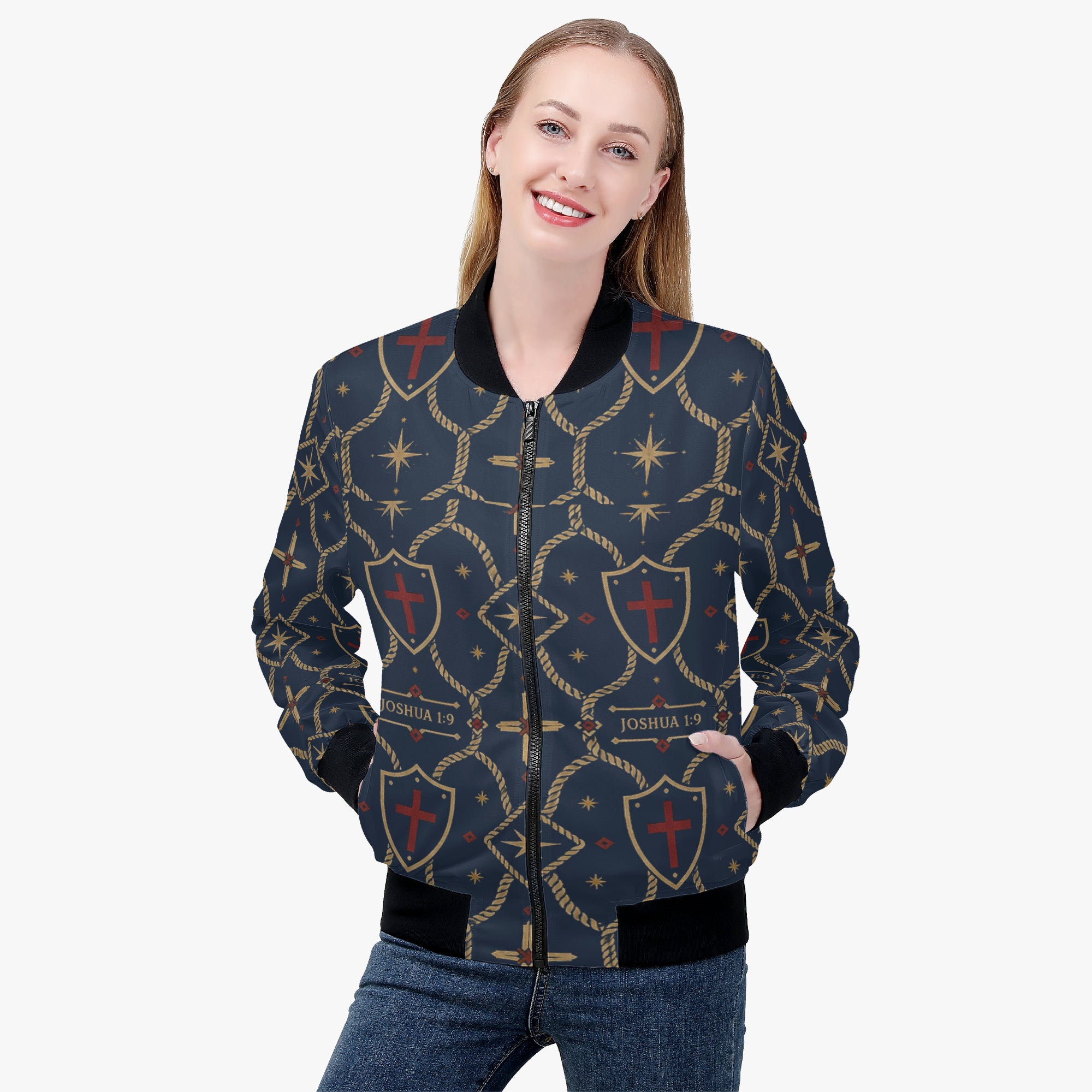 CARRY THE STANDARD women's bomber jacket in royal navy — SANCTUS NOVA house monogram, view 4