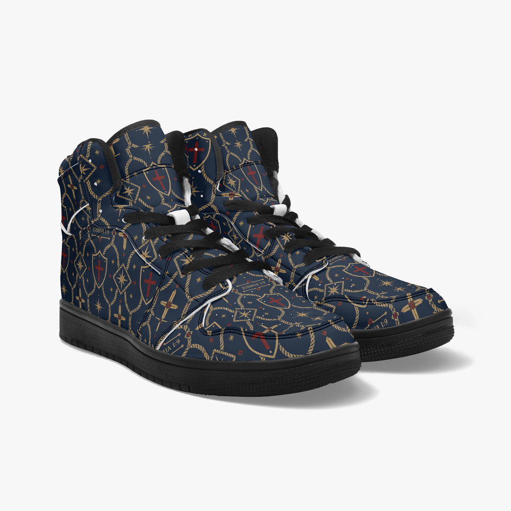 SANCTUS NOVA CARRY THE STANDARD high-top sneaker in the royal navy monogram, detail view