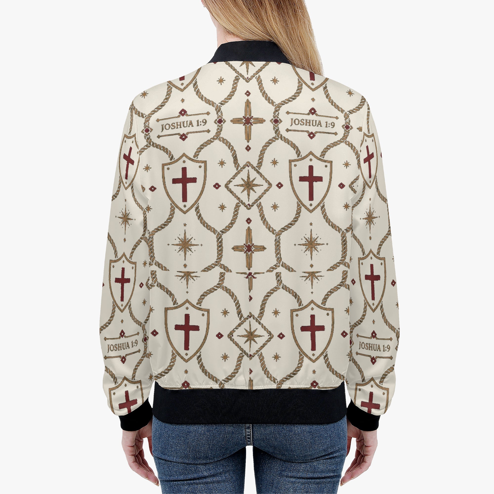 CARRY THE STANDARD women's bomber jacket in ivory — SANCTUS NOVA house monogram, view 8