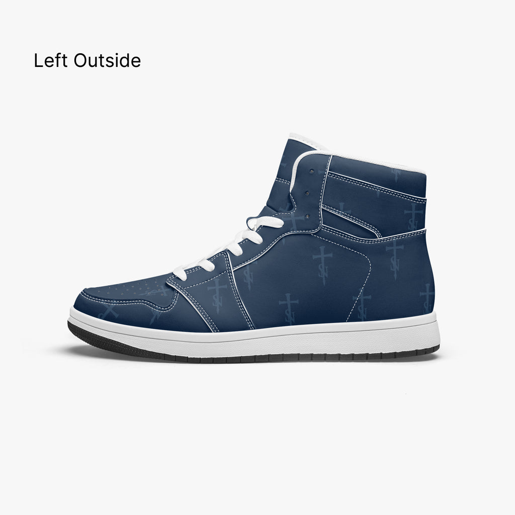 SANCTUS NOVA Royal Navy signature high-top sneakers. White trim, left outside profile.