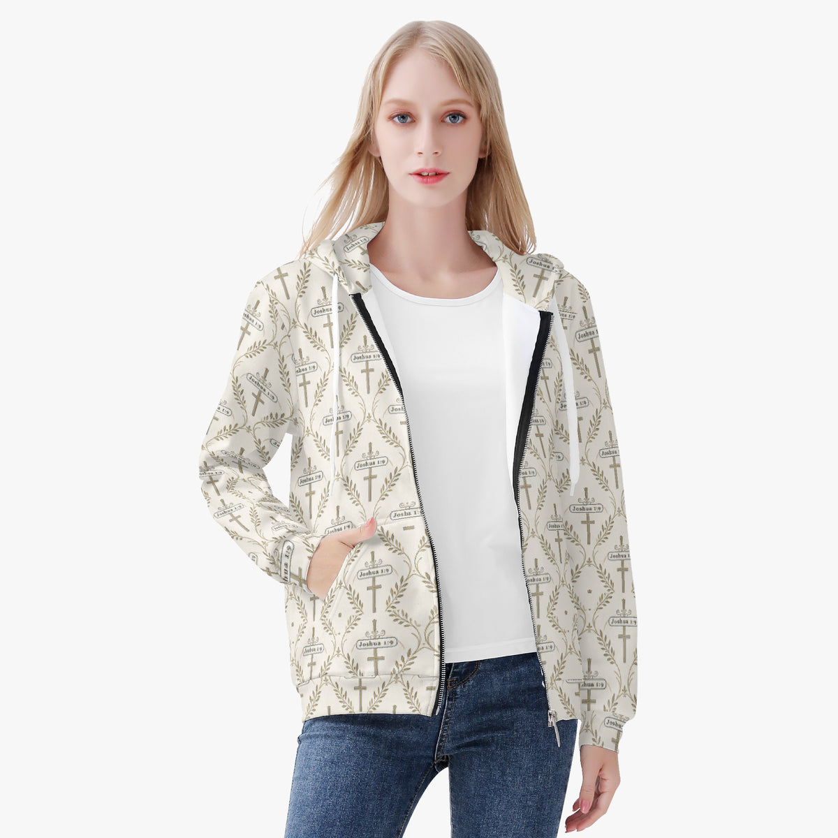 SANCTUS NOVA women's full-zip hoodie in ivory, view 2