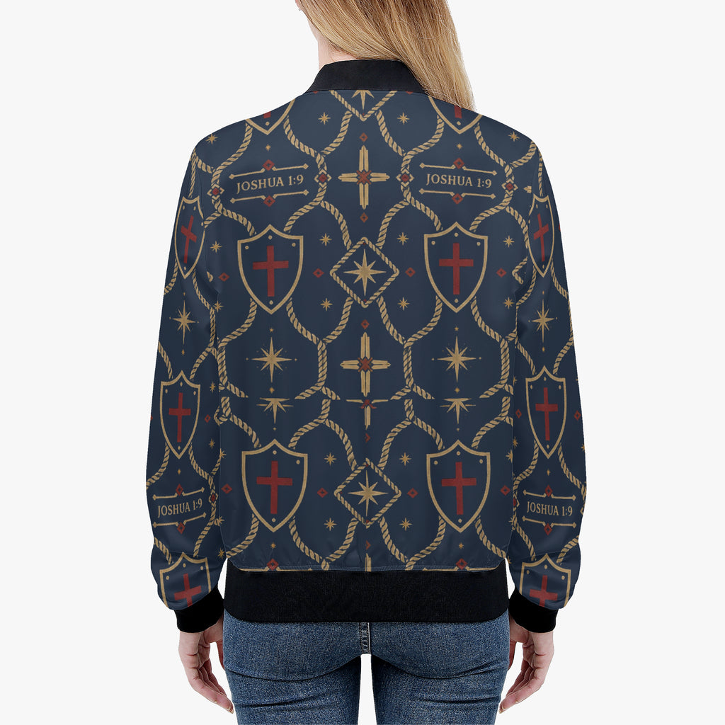 CARRY THE STANDARD women's bomber jacket in royal navy — SANCTUS NOVA house monogram, view 8