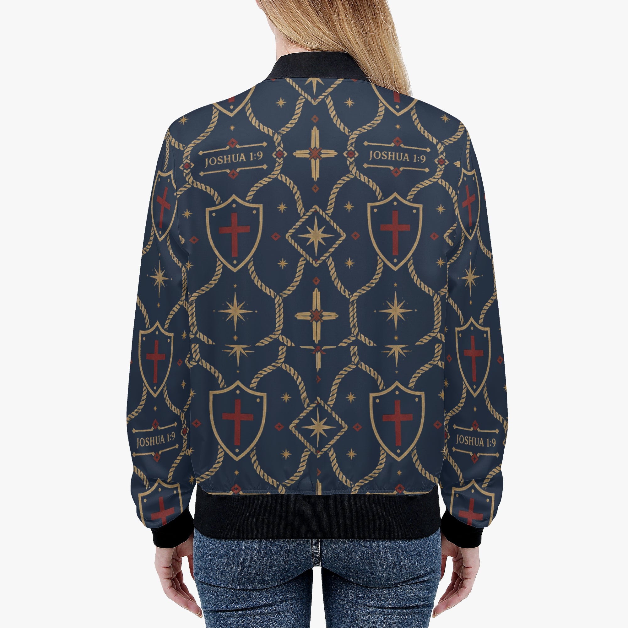 CARRY THE STANDARD women's bomber jacket in royal navy — SANCTUS NOVA house monogram, view 8