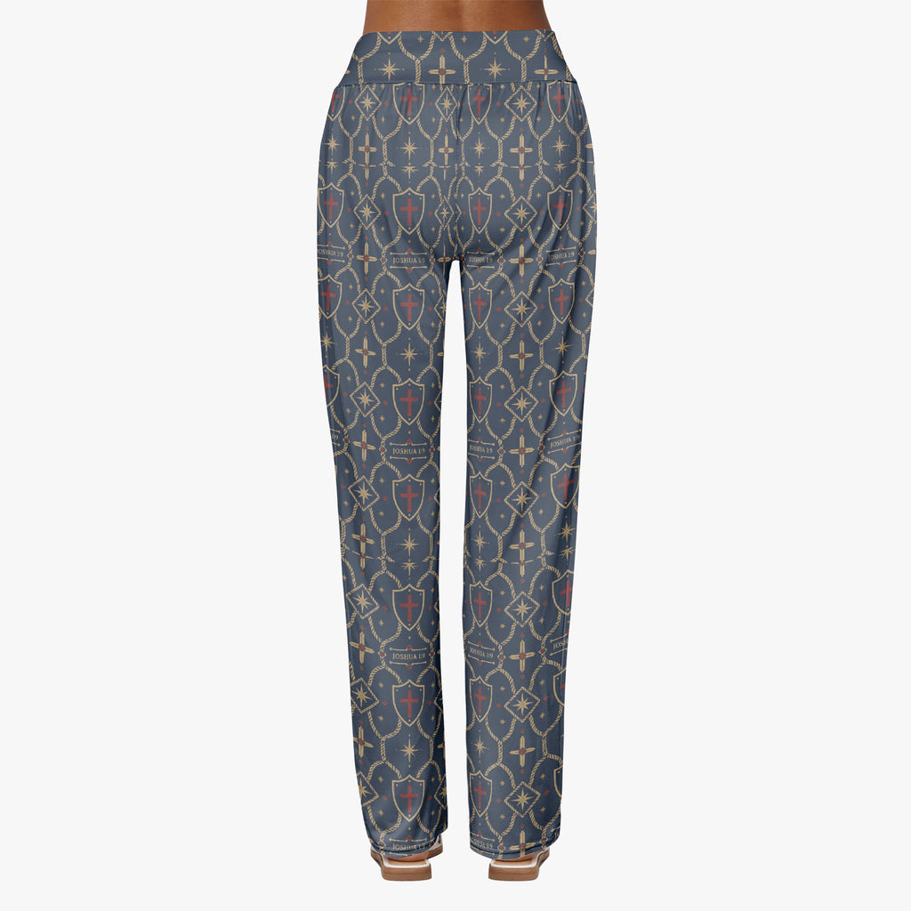 CARRY THE STANDARD women's wide leg pants in royal navy, SANCTUS NOVA house monogram, front view
