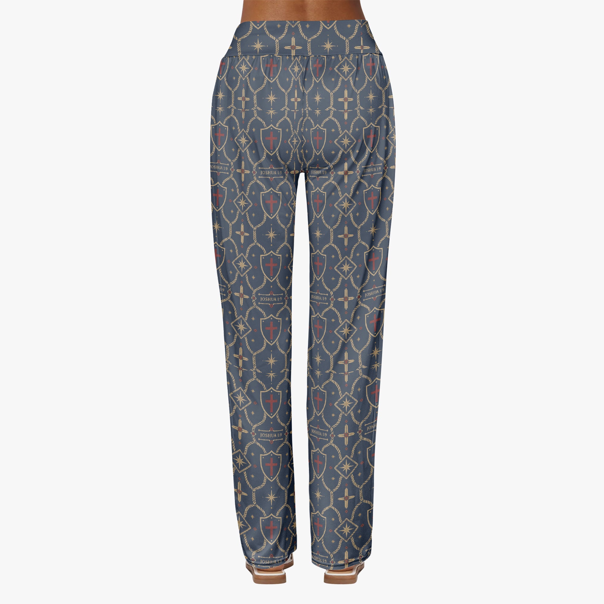 CARRY THE STANDARD women's wide leg pants in royal navy, SANCTUS NOVA house monogram, front view